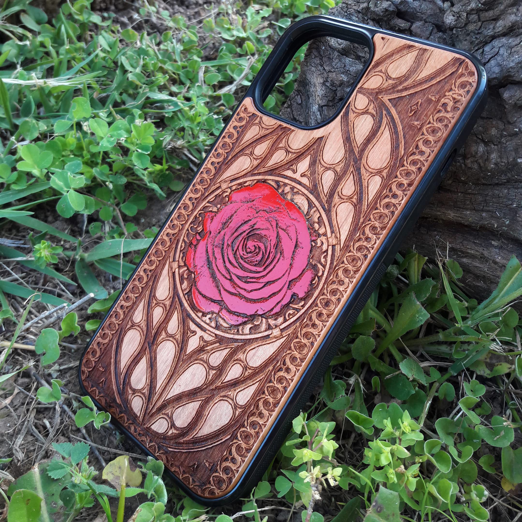 Elegant Red Rose Laser Engraved Wood Phone Case for iPhone 16/15/14/13/12/11 Pro Max Mini & Galaxy S25/S24/S23/S22/S21/S20 Ultra Plus - Eco-Friendly Slim Durable Wooden Cover - Perfect Gift for Valentine's Day & Anniversary