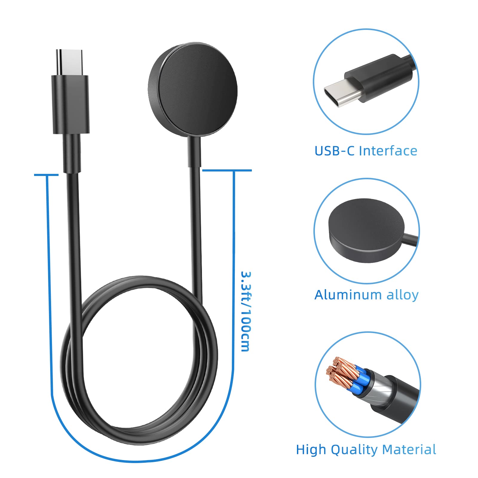 Fast Charging USB-C Galaxy Watch 7/6/5 Charger Dock - Compatible with Samsung Galaxy Watch 7 Ultra/6 Classic/5 Pro - Aluminum Case Replacement Charger (3.3ft/1m Cable) - Perfect for Home, Office & Travel Charging