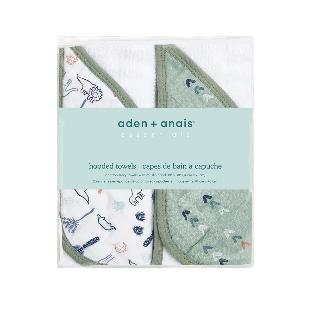 aden + anais Classic Hooded Baby Bath Towel - 100% Premium Cotton Terry Cloth for Newborns, Infants & Toddlers - Ultra Soft & Absorbent - 2 Pack Dinosaur Print - Perfect for Bath Time, Swimming & After Shower Wrap