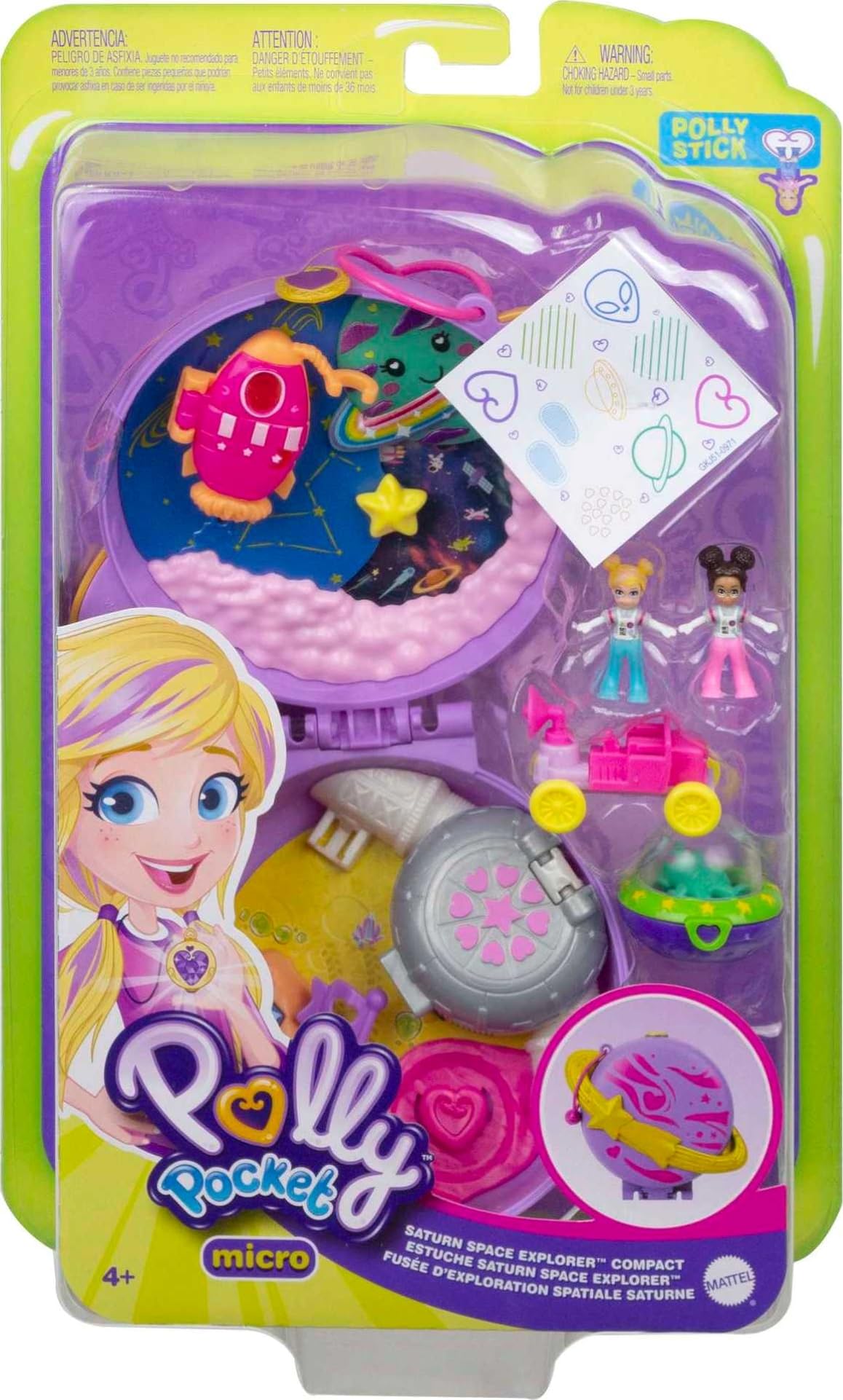Polly Pocket Saturn Space Explorer Playset - 2 Micro Dolls, Toy Car & Surprise Accessories | Compact Travel Toy for Kids | Perfect for On-the-Go Play, Birthday Gifts & Space-Themed Adventures