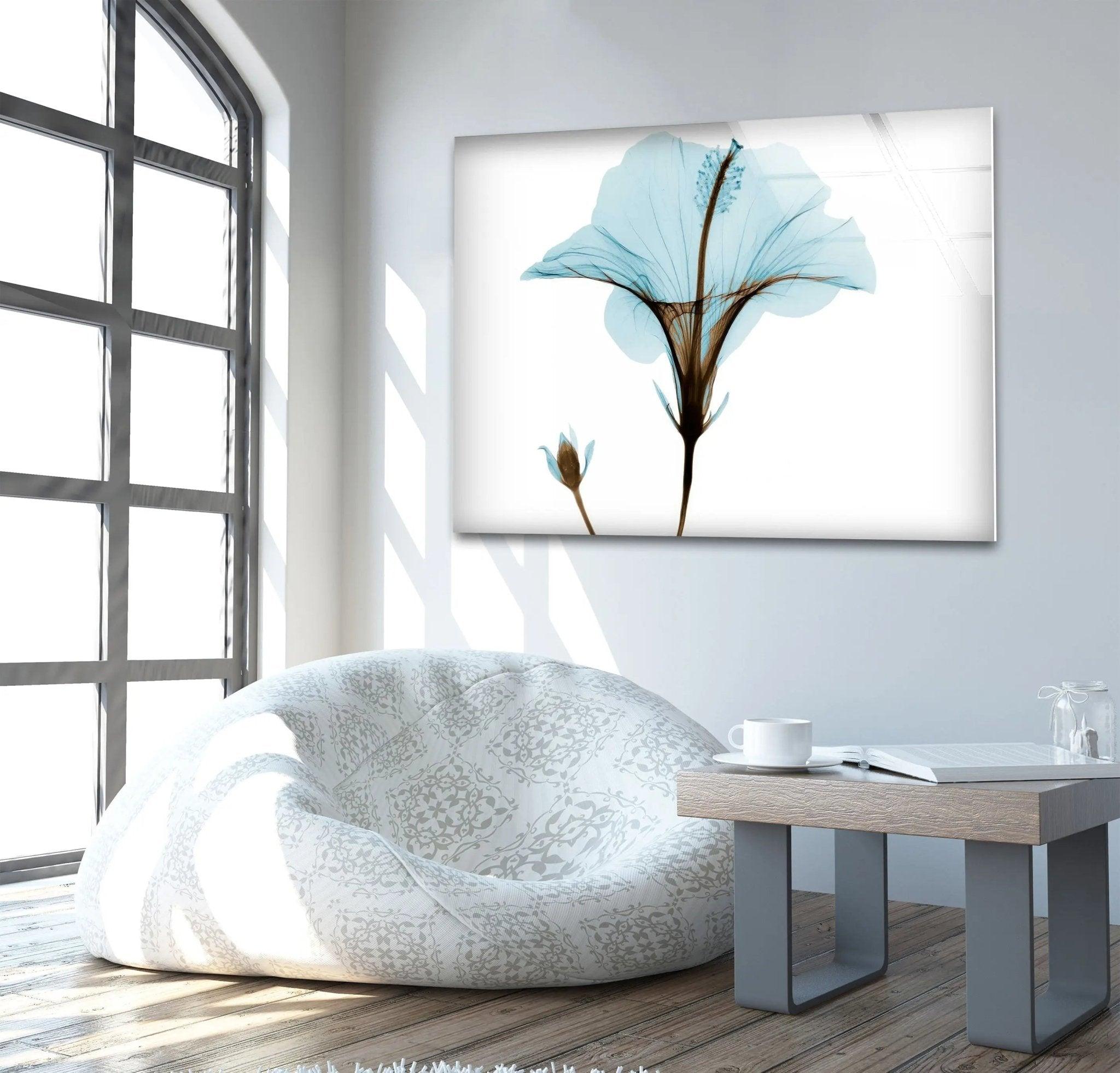 Albert Koetsier Aqua Hibiscus Glass Wall Art - Handcrafted Stained Glass Decor for Living Room, Bedroom & Office - Elegant Floral Design for Home & Office Decor