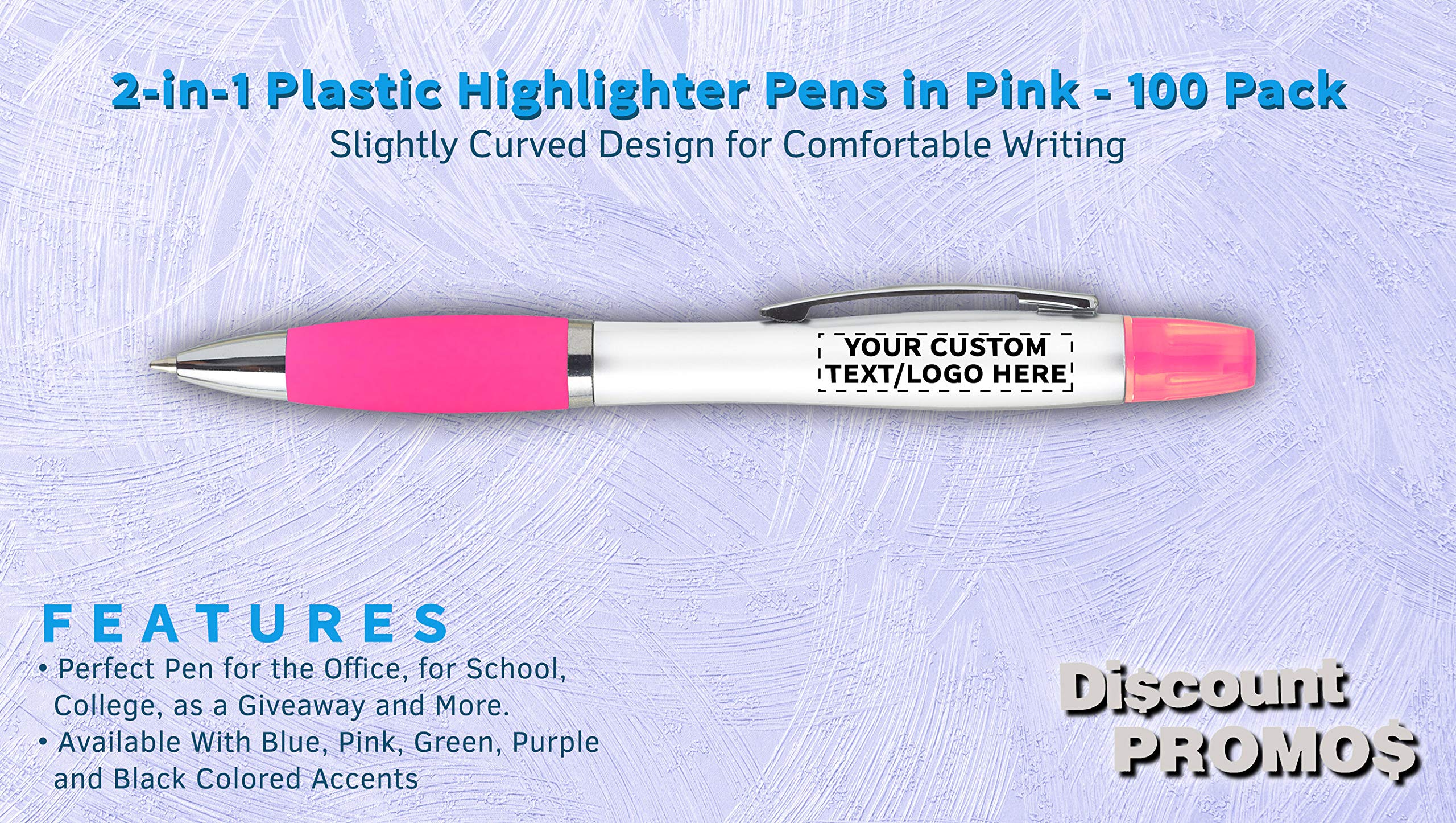 Custom Personalized Plastic Highlighter Pens - 100 Pack Bulk Set with Custom Text & Logo - Pink Office School Supplies for Teachers, Students, Note Taking & Study Sessions