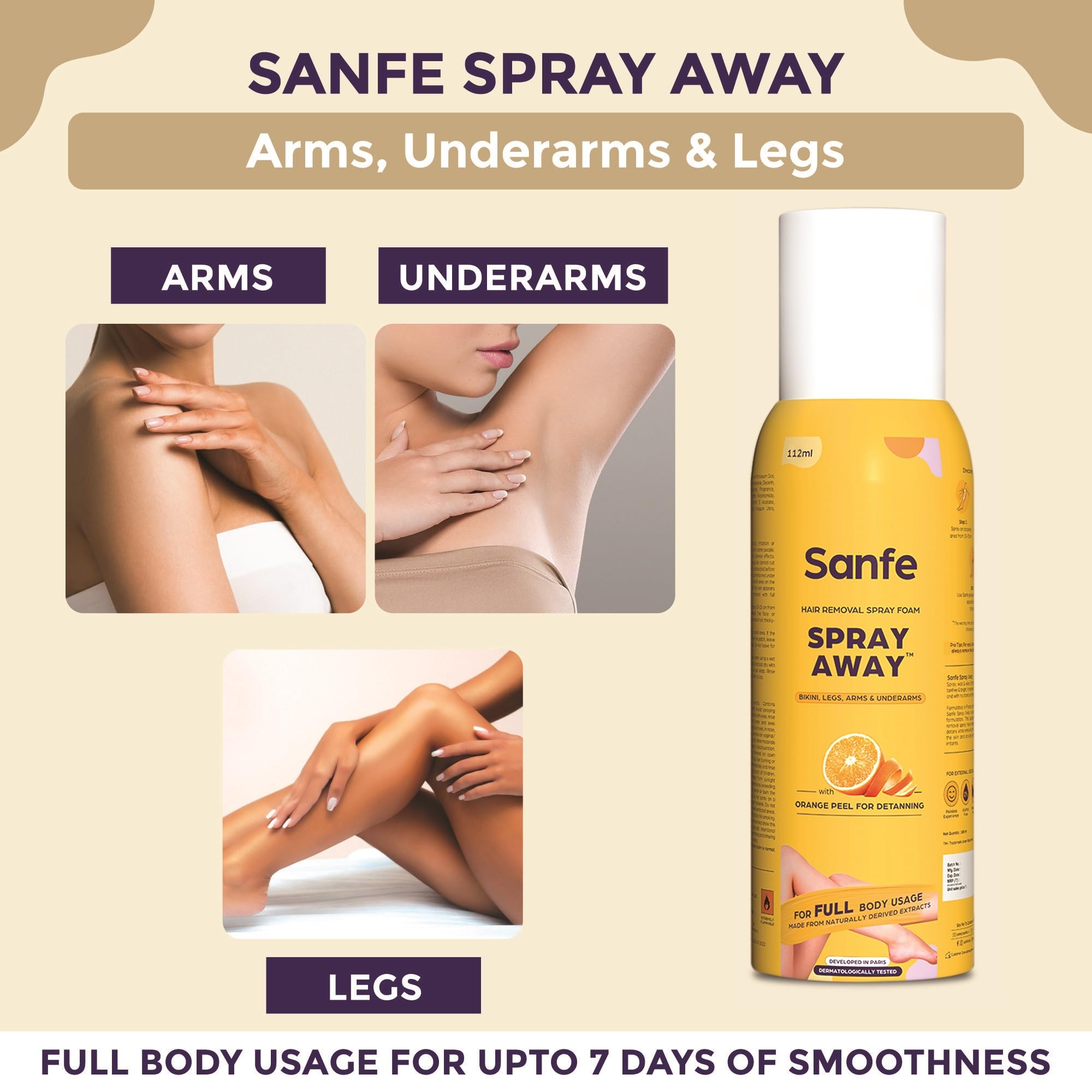 Sanfe Painless Hair Removal Kit with Spray Cream (112ml) & Soothing Gel (50g) - Fast 10-Minute Hair Removal for Chest, Legs, Arms & Underarms | Dermatologist Tested | Skin Detan & Smoothing | Perfect for Pre-Vacation Prep & Summer Ready Skin