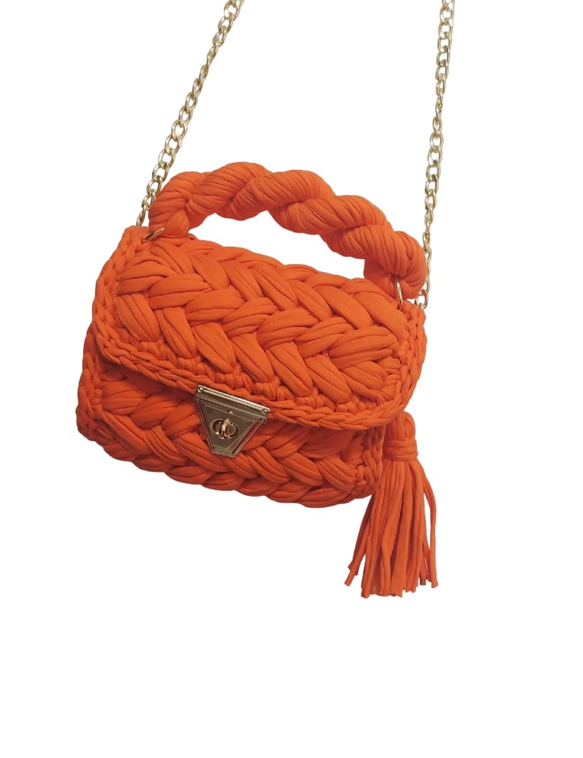 Handmade Crochet Evening Clutch Bag for Women - Elegant Orange Knitted Wedding Party Purse, Small Flap Formal Crossbody Handbag | Perfect for Summer Beach, Cocktail Parties & Special Occasions