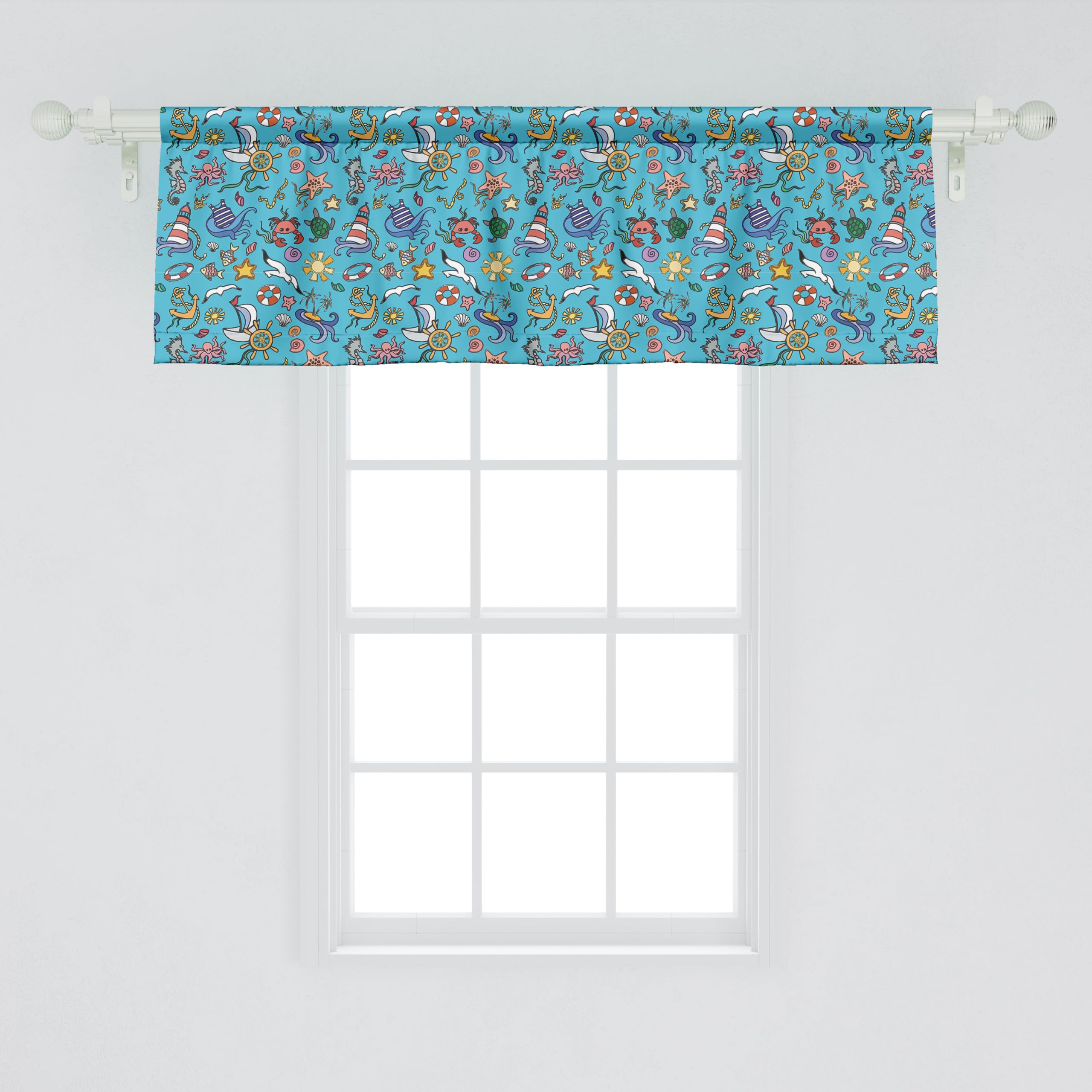 Ambesonne Octopus & Nautical Themed Window Valance Set of 2 - Sea Blue Multicolor Starfish Ship Wheel Turtle Coral Jellyfish Design, 54