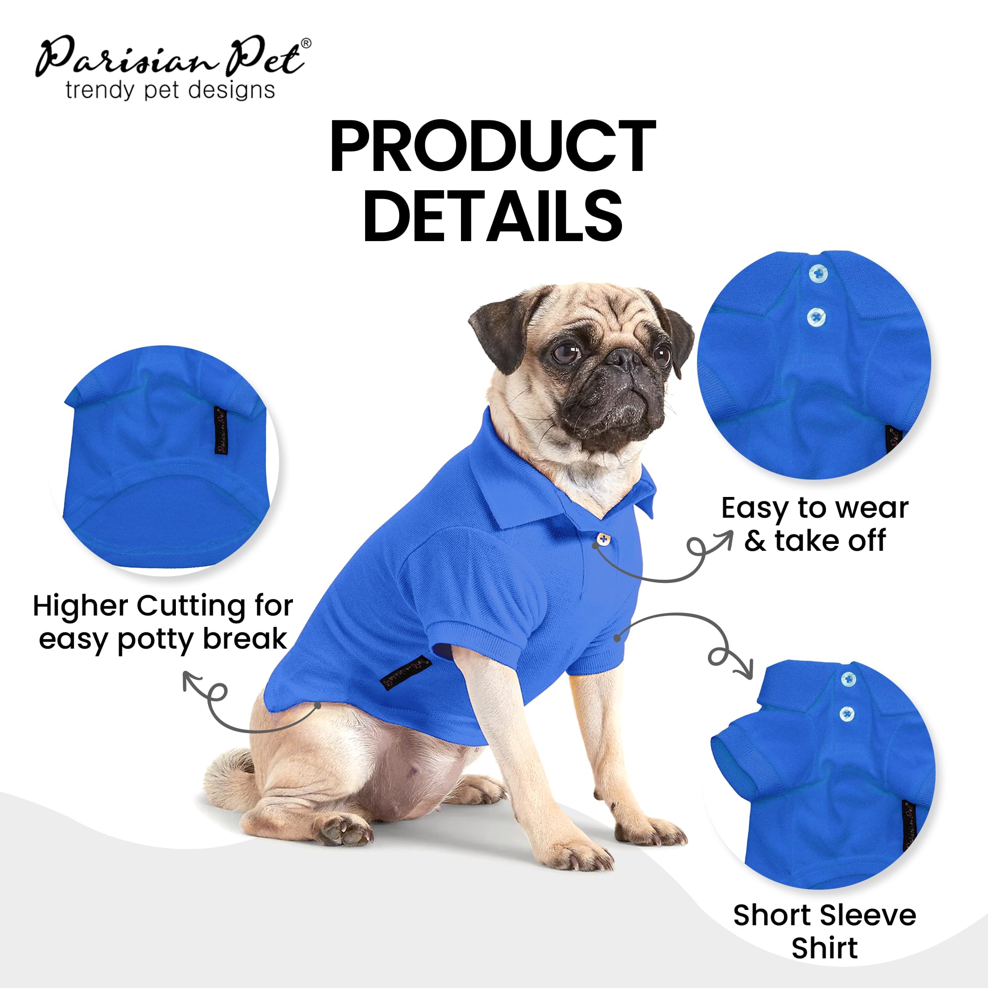 Parisian Pet Dog Polo Shirts - Breathable Cotton Dog Shirt for Large Dogs (3XL) - Solid Blue Summer Pullover with Button-Up Collar | Stylish Dog Clothes for Outdoor Walks, Pet Parties & Photo Shoots