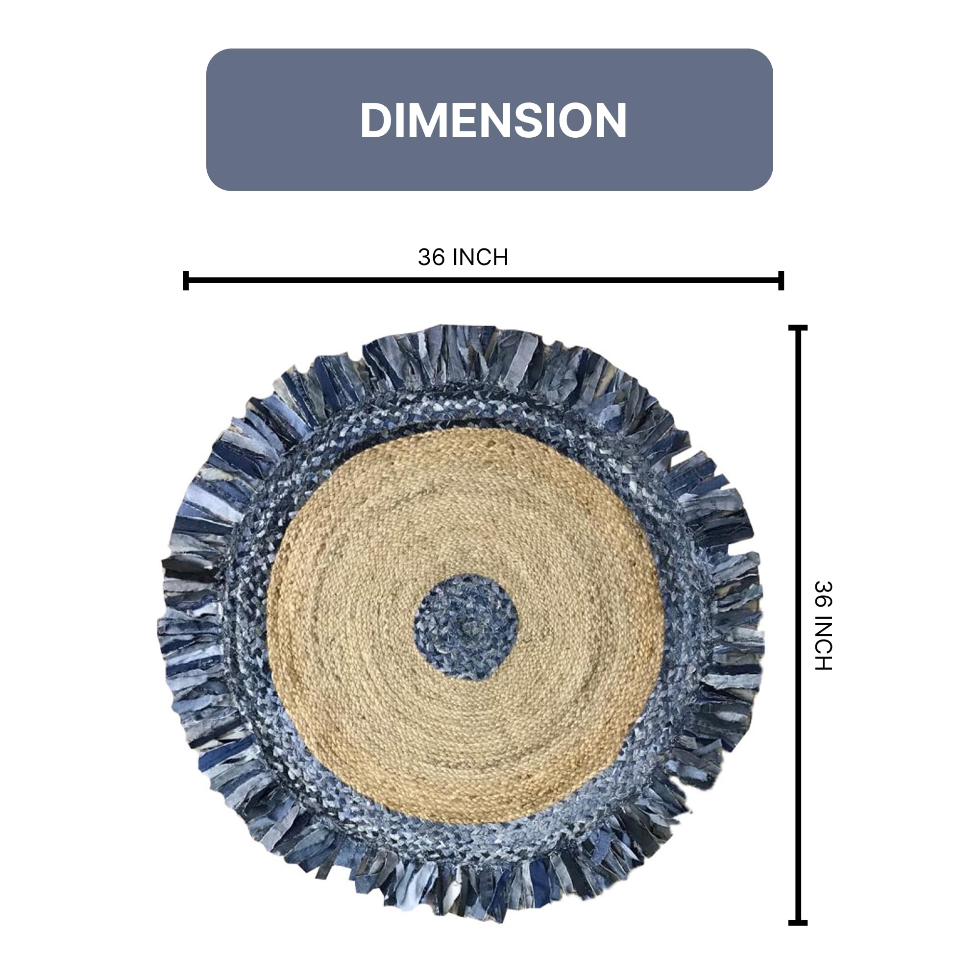 Machine Washable Jute Area Rug for Living Room - Non Slip Soft Foldable Indoor Carpet, 3' Round Denim/Natural - Perfect for Home Decor, Cozy Spaces & High Traffic Areas