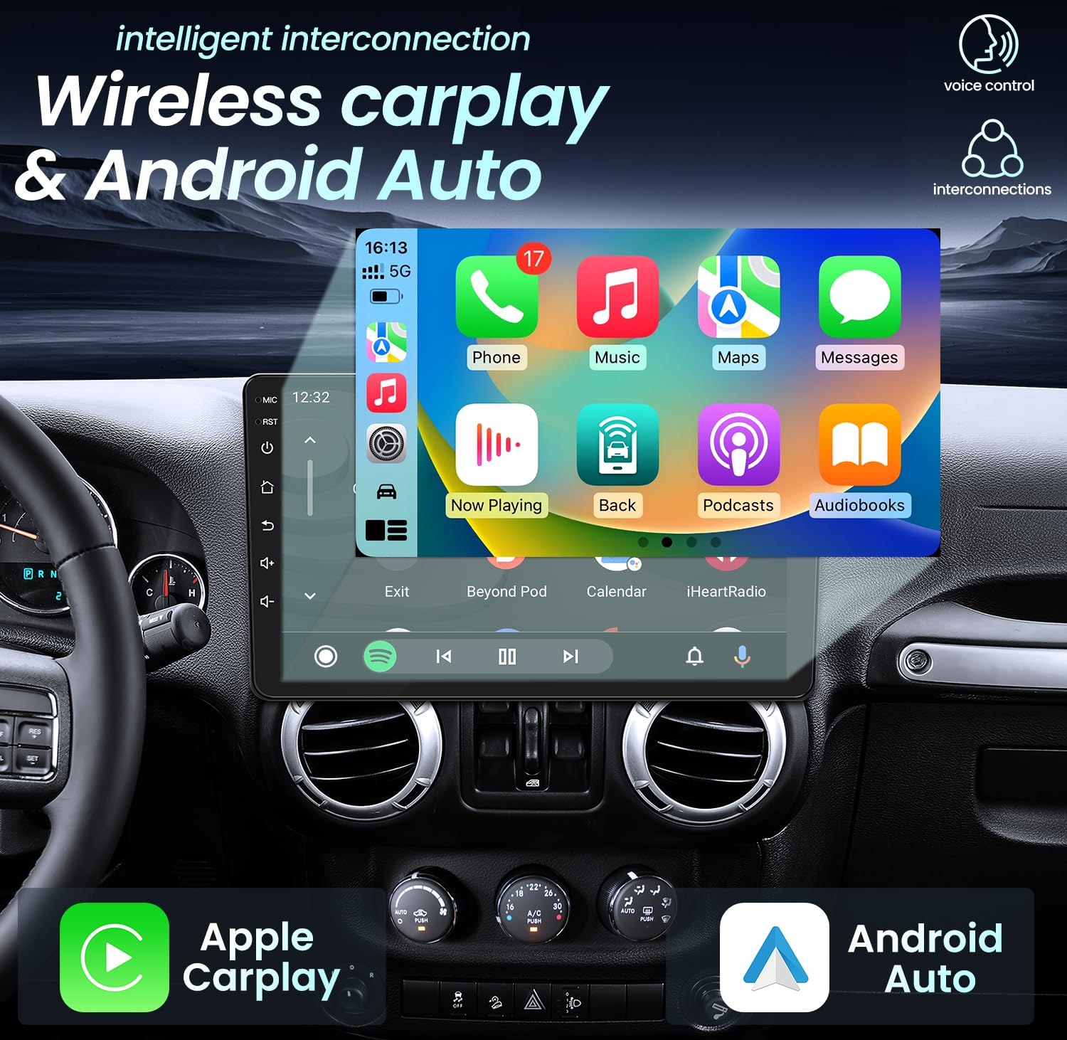 2+64GB 10-Inch Touchscreen Car Stereo for 2007-2018 Jeep Wrangler JK - Wireless CarPlay & Android Auto, 5G WiFi, Bluetooth, GPS, 1080p Backup Camera, FM, SWC, DSP, Mirror Link - Perfect for Off-Road Adventures & Daily Commutes