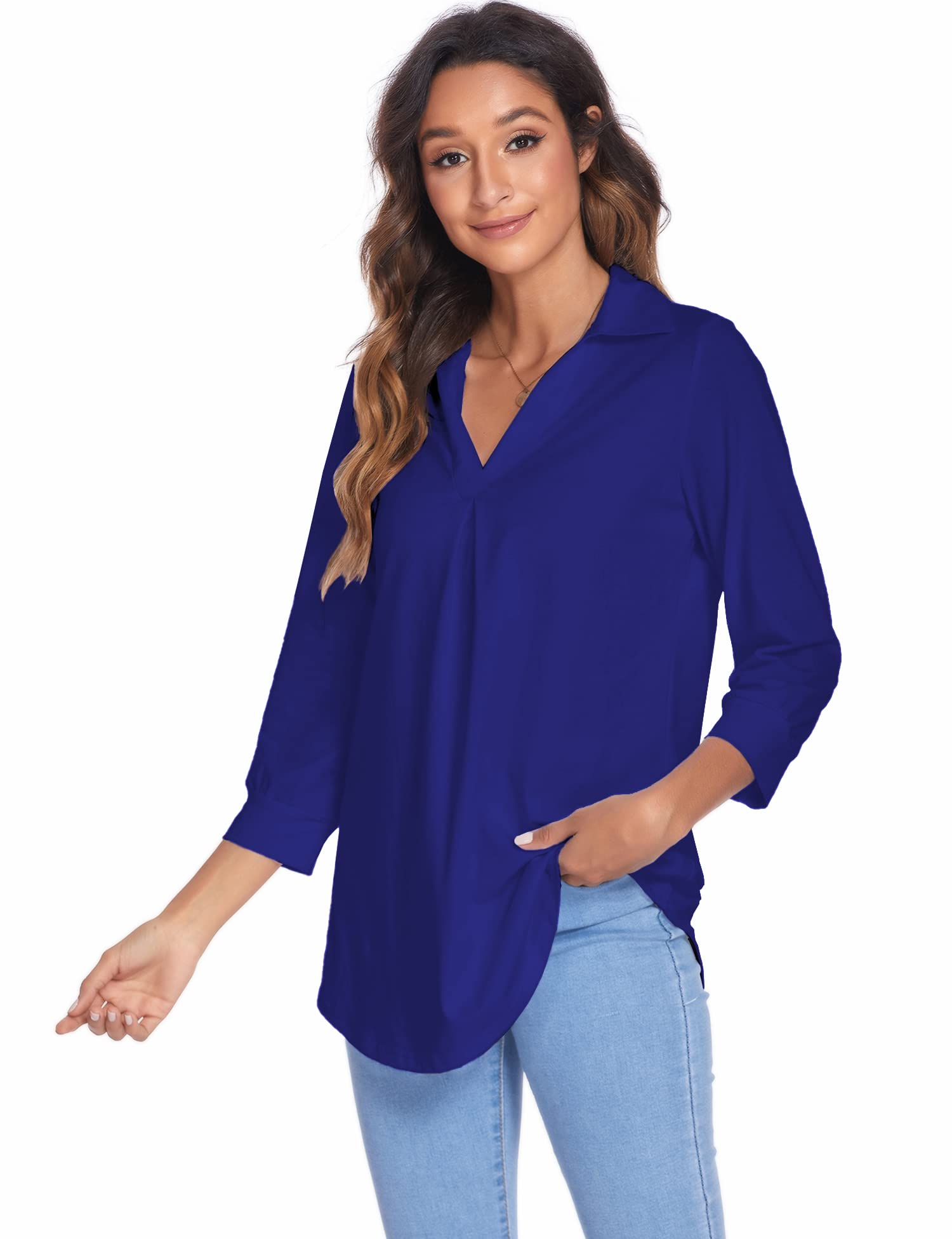 Newchoice Women's Collared V-Neck 3/4 Sleeve Blouse - Business Casual Tops for Office Work, Loose Fit Comfort Shirts Sizes S-3XL - Perfect for Workwear, Business Meetings & Professional Outfits