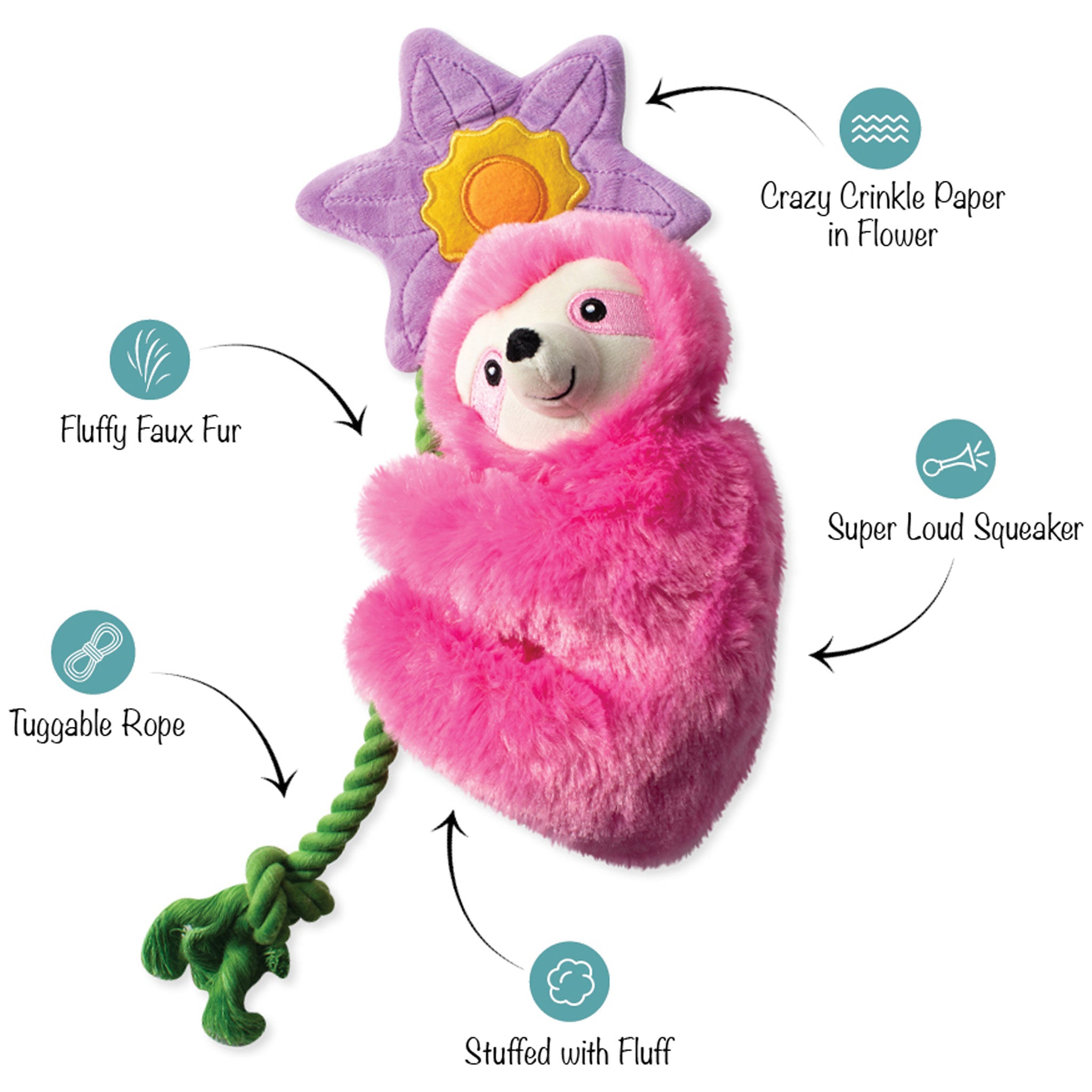 Adorable Pink Sloth Plush Dog Toy with Fringe Bloom - Perfect for Cuddling, Chewing & Playtime for Small to Medium Dogs