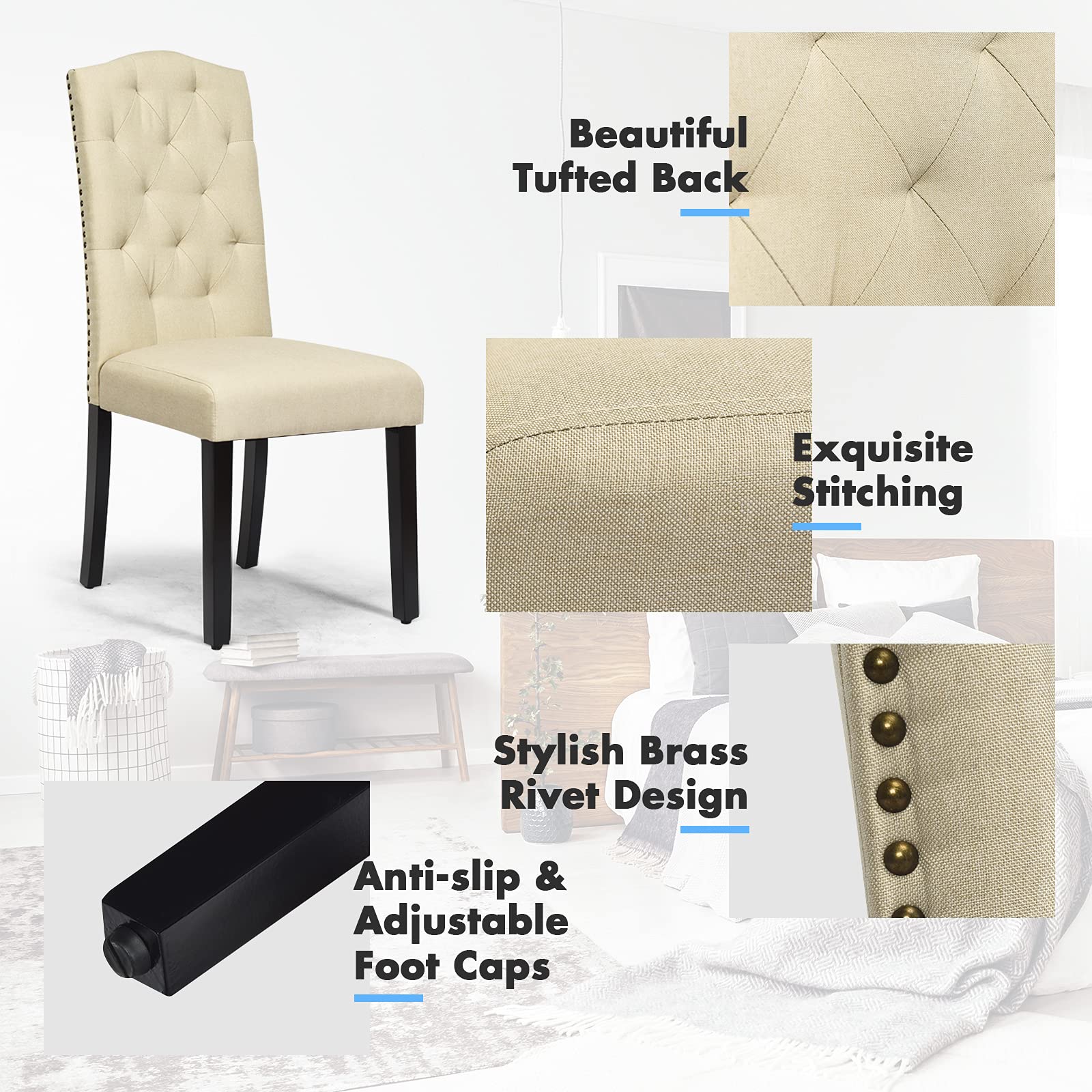 NAFORTSet of 2 Fabric Dining Chairs - Classic High Back Upholstered Parsons Chairs with Solid Rubber Wood Legs for Kitchen, Dining Room & Living Room | Comfortable Padded Seating for Family Meals & Entertaining Guests | Beige Home Decor