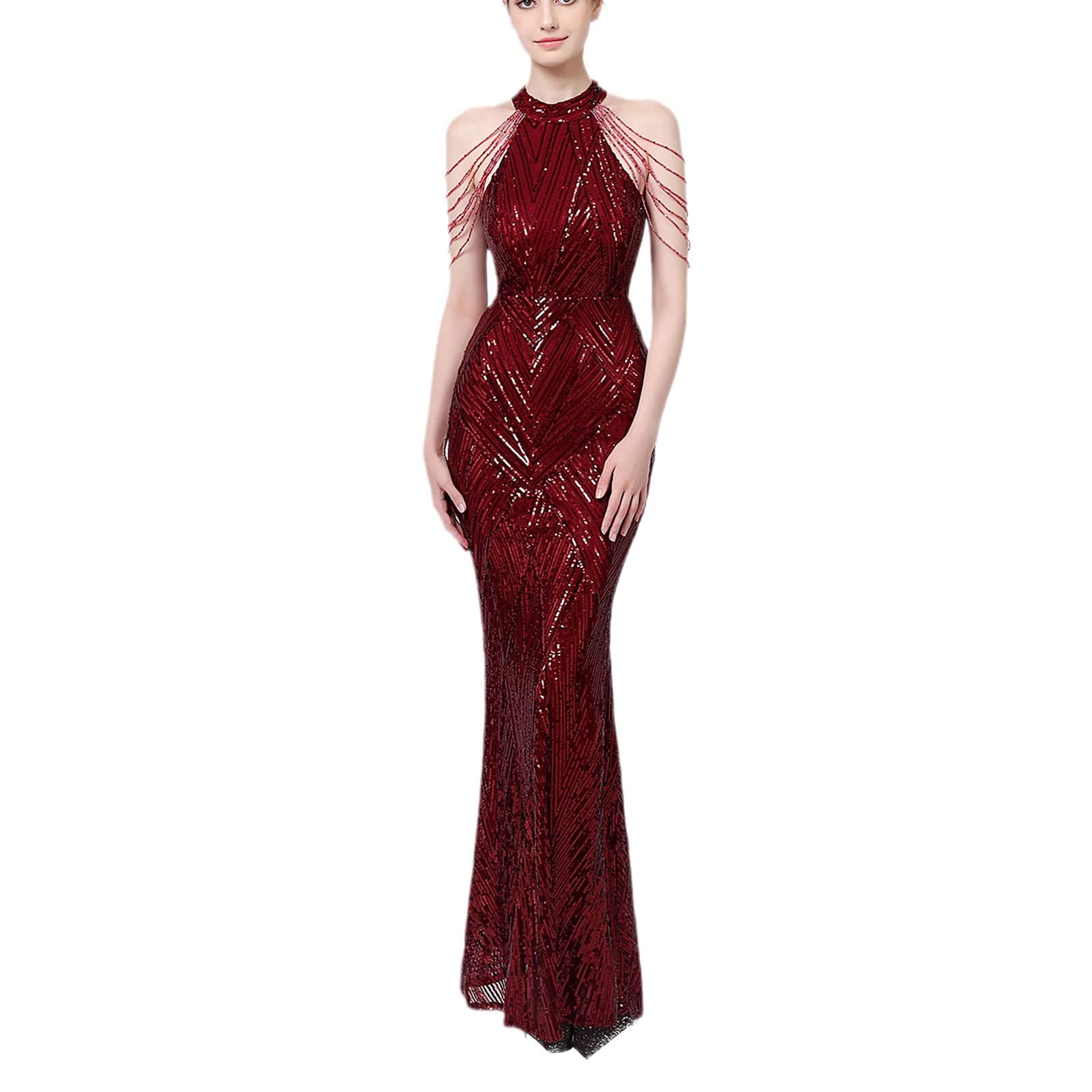 Sparkly Sequin Party Dress for Women - Fishtail Halter Neck Evening Gown Sleeveless Bodycon Formal Cocktail Maxi Dress (Color A, Size M) | Perfect for Prom, Wedding Guest, New Year's Eve & Special Occasions