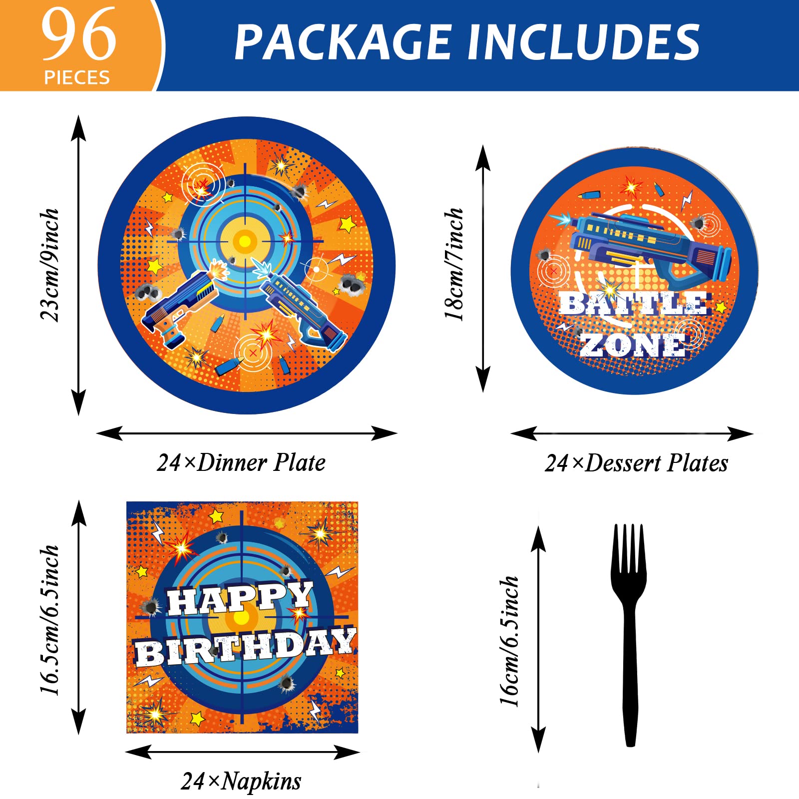 96 Pcs Dart War Party Supplies Set - Blue & Orange Themed Plates, Napkins for Kids Birthday, Baby Shower - Fun Tableware Decorations for Boys' Dart War Party (Serves 24) - Perfect for Birthday Celebrations, Game Nights & Themed Events