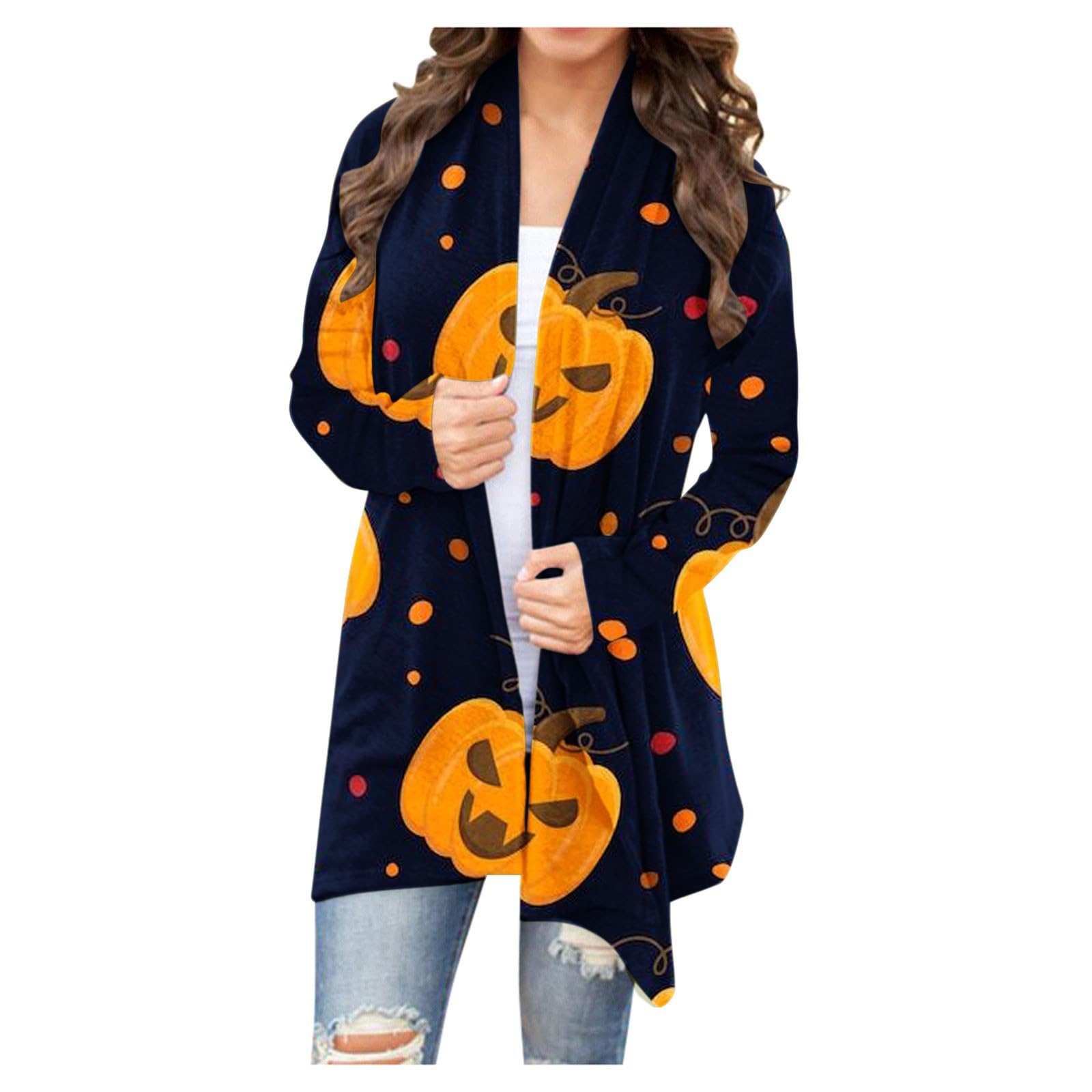 APIVOE Halloween Cardigan for Women - Pumpkin Cat Print Knit Open Front Long Sleeve Lightweight Sweater Coat for Fall Parties, Cosplay & Casual Outfits