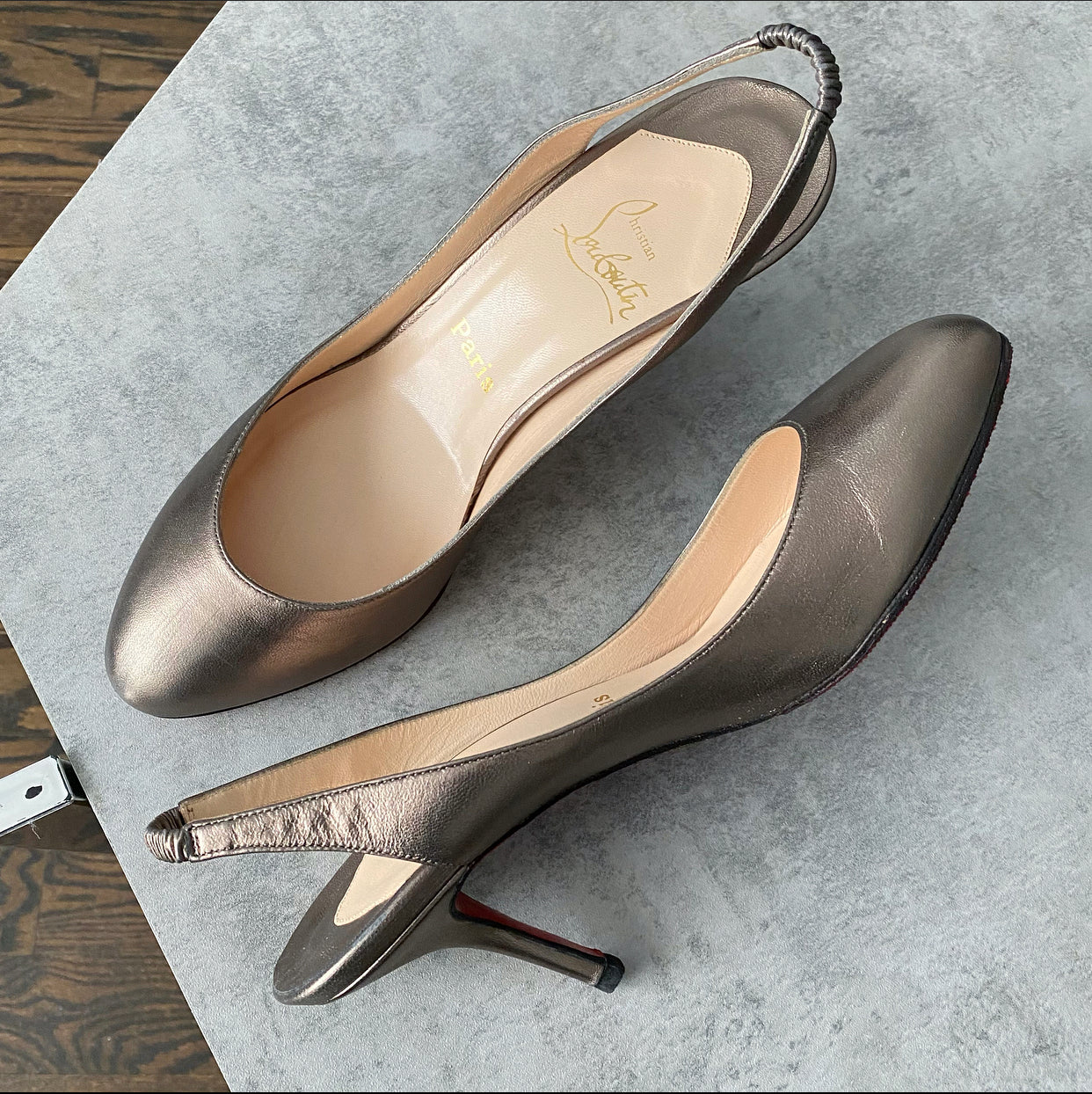 Christian Louboutin Pewter Leather Slingback Heels Size 41 - Luxury Women's High Heel Pumps for Parties, Weddings & Evening Events