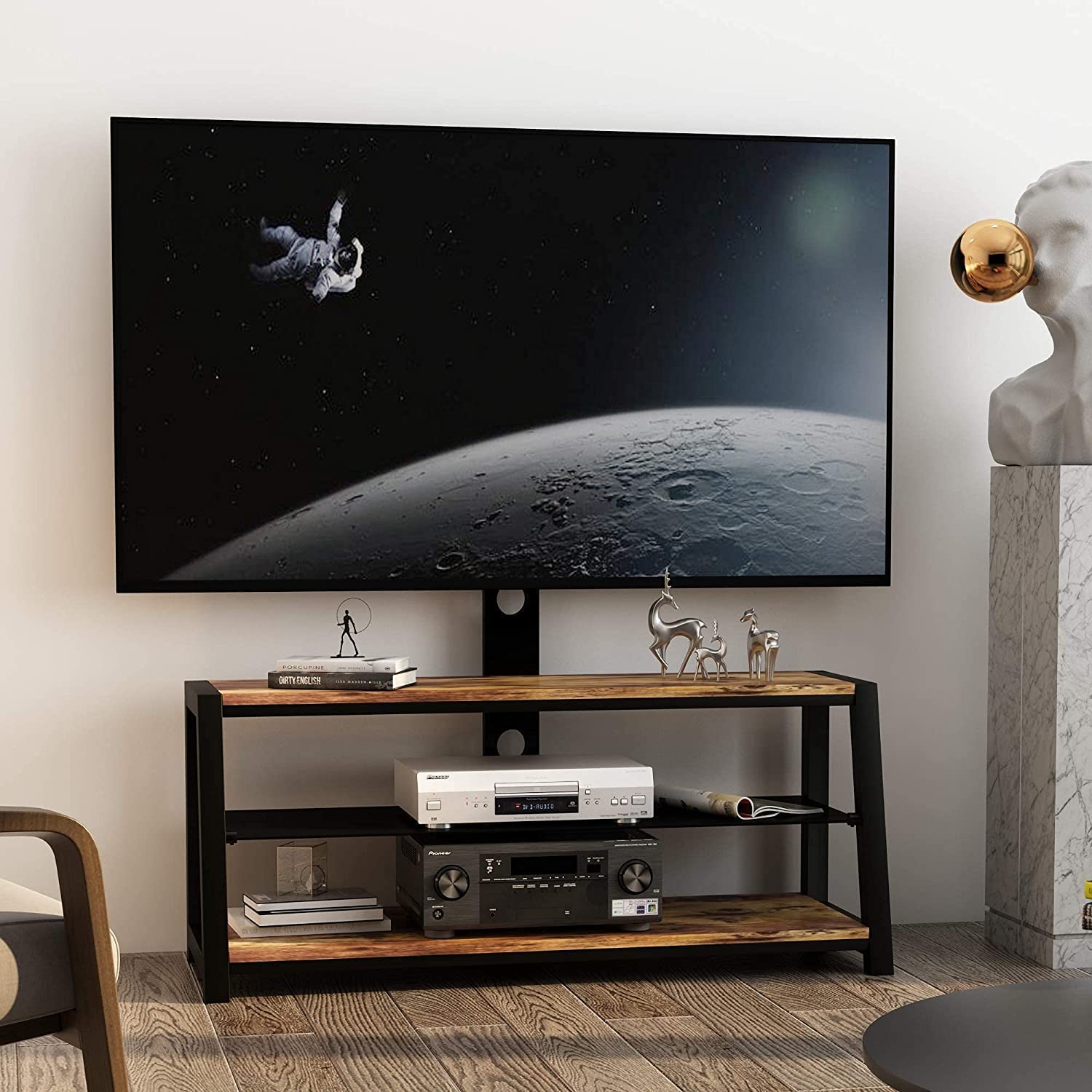**IANIYA Adjustable Floor TV Stand for Flat & Curved Screens - Black Multi-Function TV Mount with Tempered Glass & Metal Frame (Wood/Metal/Glass) - Perfect for Living Room, Bedroom & Home Theater Setup**