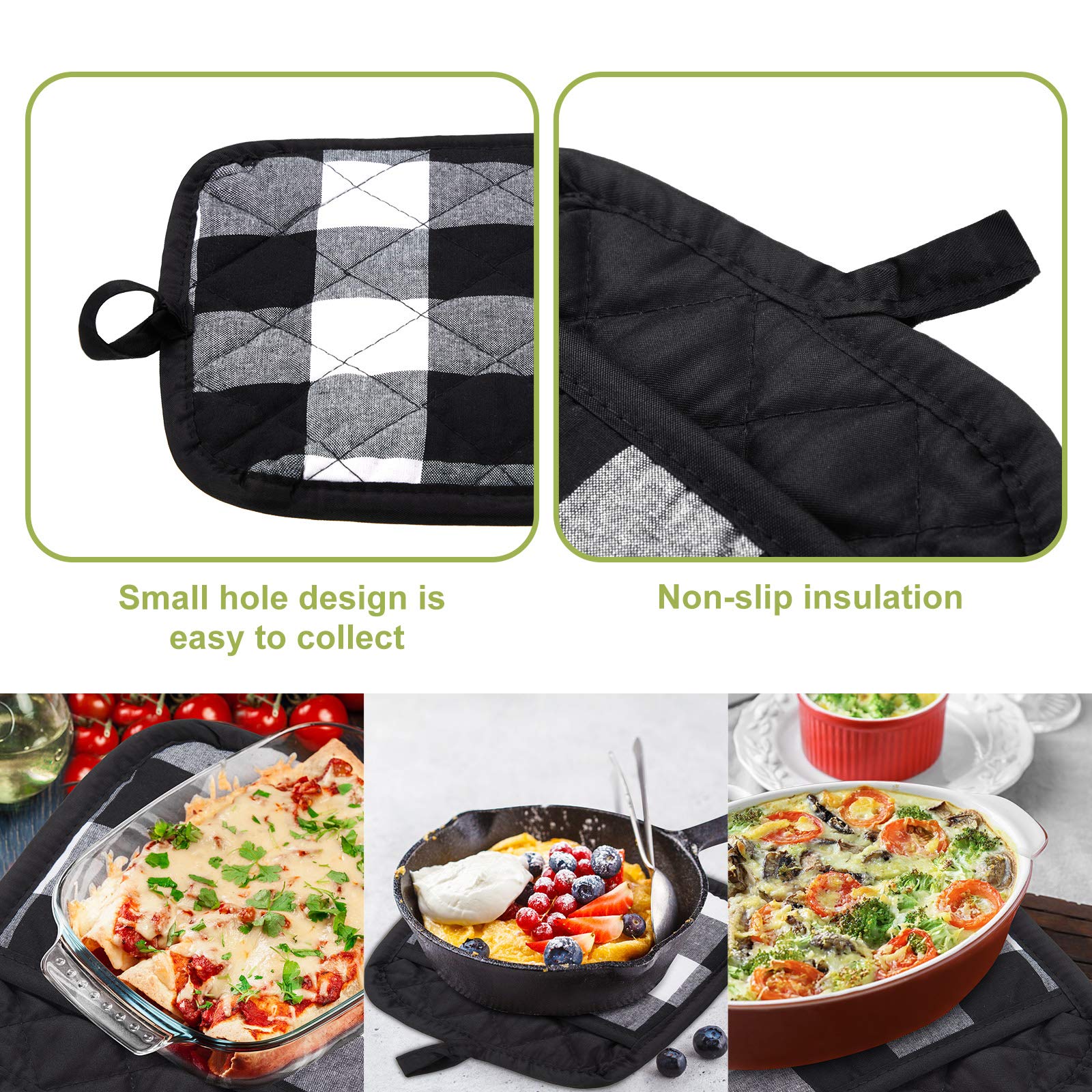 7-Piece Buffalo Check Kitchen Set - Cotton Plaid Dish Towels, Non-Slip Heat Resistant Oven Mitts & Pot Holders for Cooking, Baking, Grilling (Black & White) - Perfect for Holiday Decor & Rustic Farmhouse Kitchens