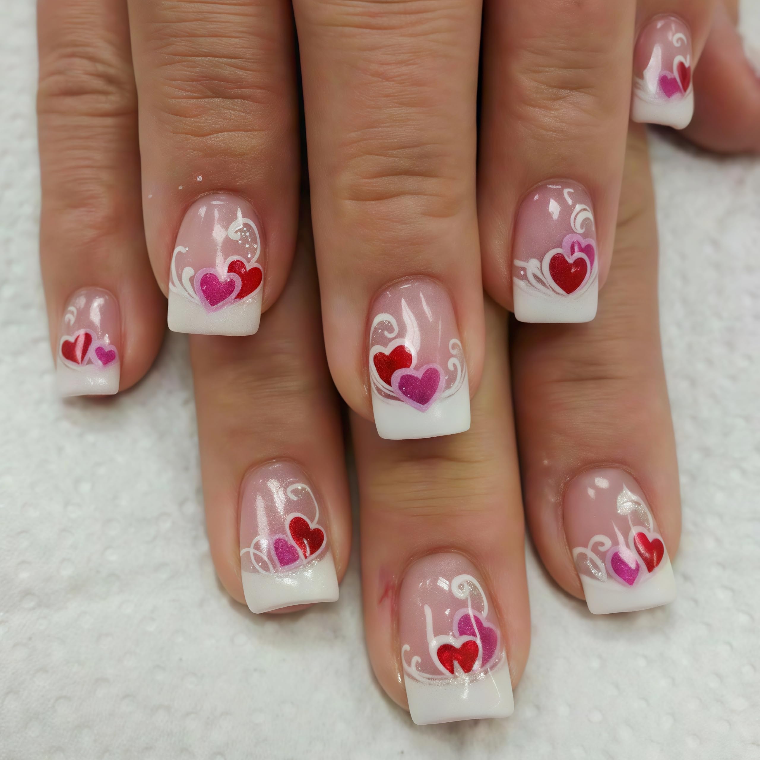 24Pcs Valentine's Day Press On Nails - Short Square Fake Nails with White French Tips, Red Pink Glitter & Romantic Heart Designs | Acrylic False Nails for Women | Perfect for Daily Wear, Date Nights, Parties & Special Occasions