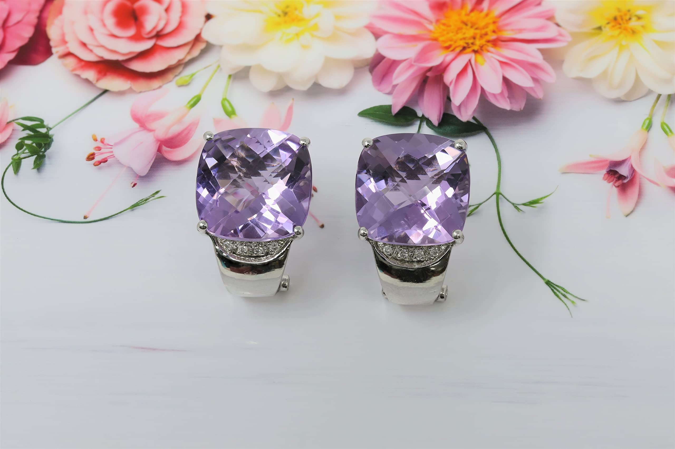 925 Sterling Silver 14mm Genuine Amethyst Stud Earrings with Diamond Accents - Cushion Cut Purple Gemstone Jewelry for Women - Perfect for Weddings, Parties & Everyday Elegance