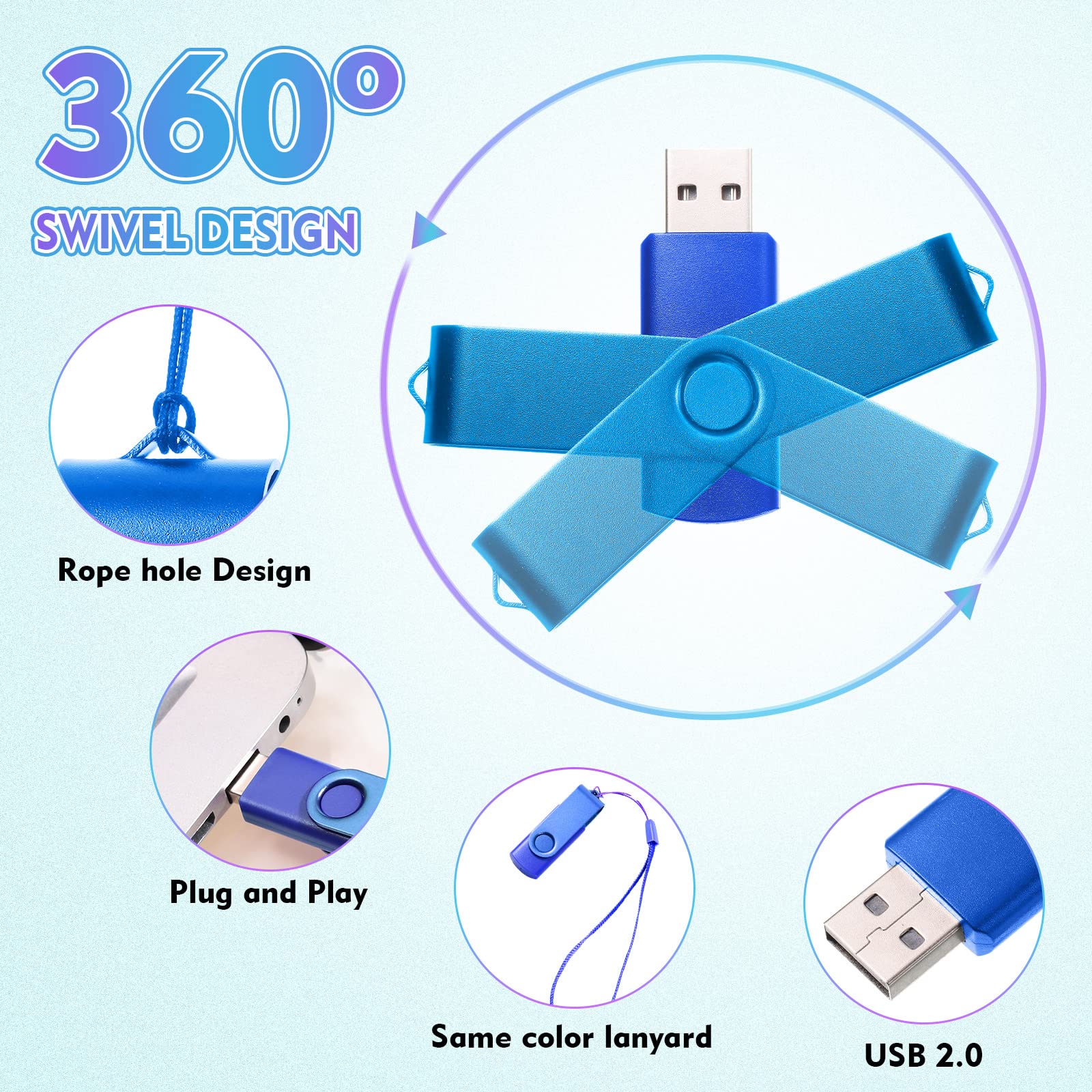Xuhal 50-Pack 2GB USB Flash Drives with Lanyards - Mixed Colors for Office & School Storage