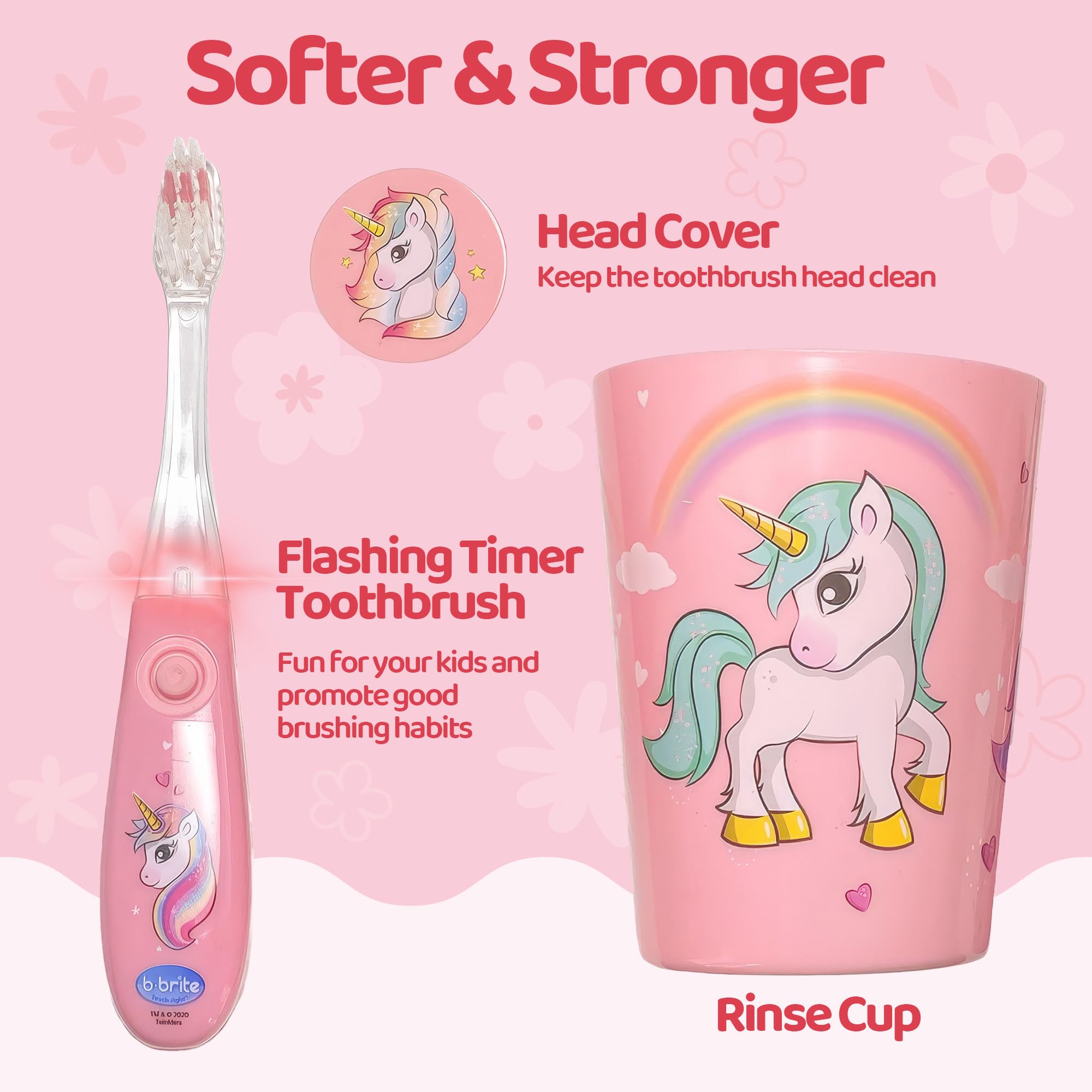 Lily's Home Kids Electric Toothbrush with 2-Minute Flashing Timer, Toothpaste Cup, Cover & Holder - Unicorn Design for Fun Brushing - Perfect for Toddlers & Children's Daily Oral Care Routine
