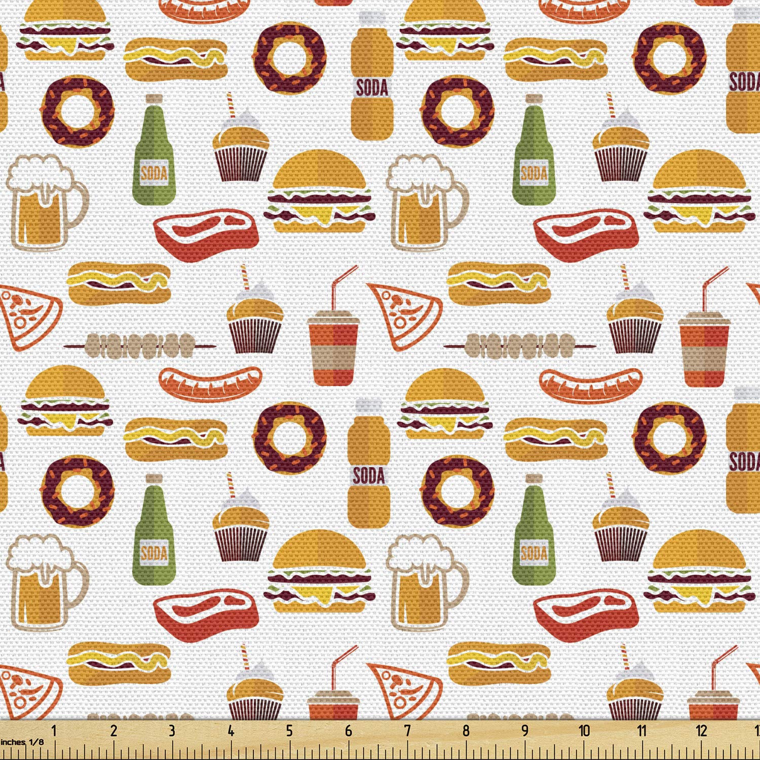 Ambesonne Fast Food Print Fabric by The Yard - Minimalist Hamburger, Soda, Donuts, Beer, Cupcake, Kebab & Hot Dog Design - 5 Yards Multicolor Cotton Material for Upholstery, DIY Crafts, Home Decor, Curtains & Tablecloths - Perfect for Kitchen Decor, Restaurant Themes & Party Backdrops