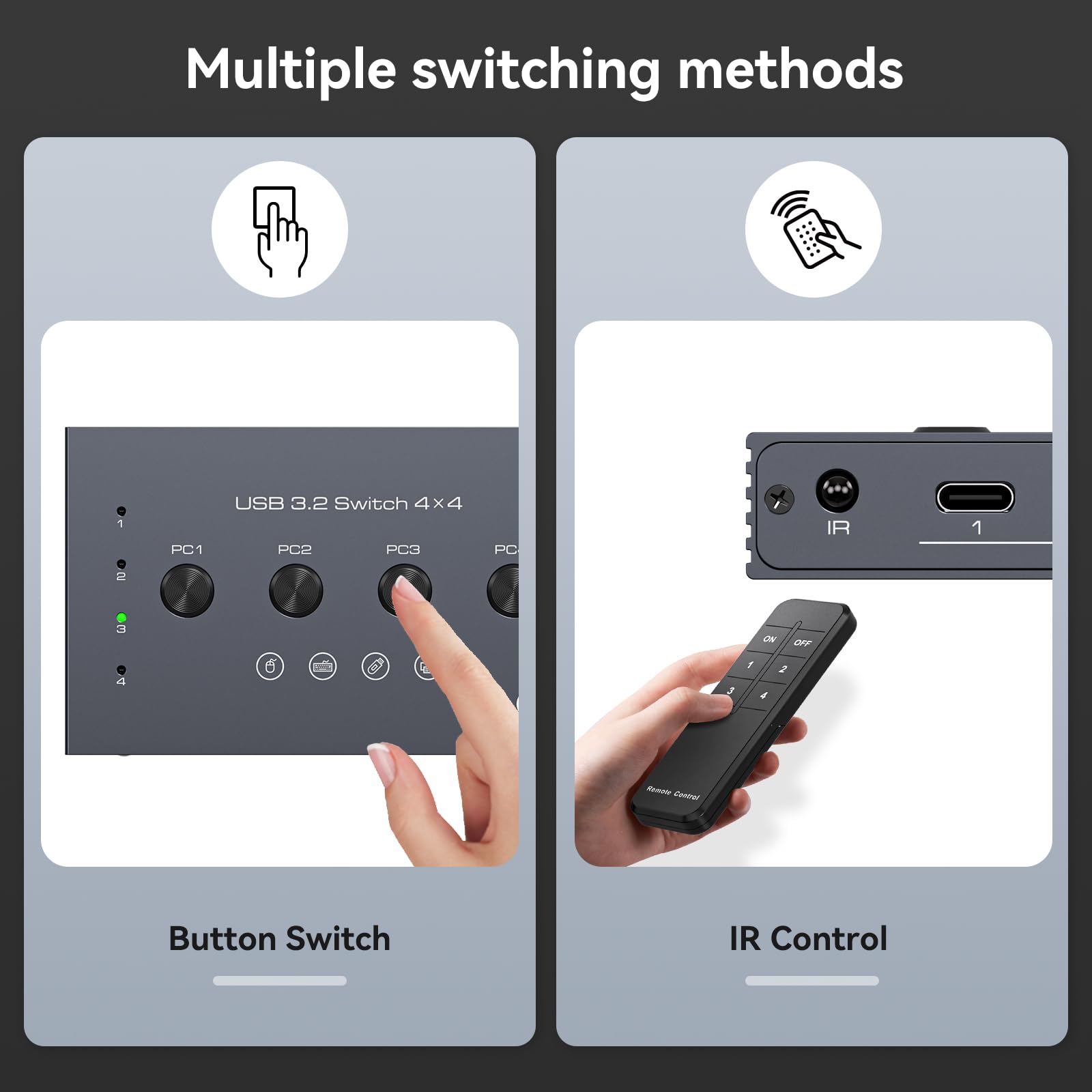4-Port USB 3.2 Hub Switch - Share 1 USB-C & 3 USB-A Devices at 10Gbps | Keyboard Mouse Printer Scanner Sharing Hub with Remote Control & Power Adapter | Perfect for Home Office, Gaming Setup & Multi-Device Workstations