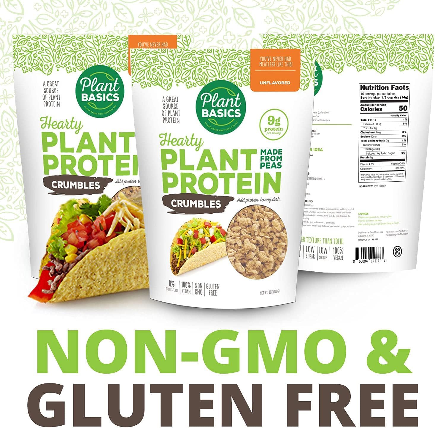Hearty Plant Protein Crumbles - Unflavored, Non-GMO, Gluten Free, Vegan (8 oz, Pack of 2) | Pea-Based Meat Substitute for Low Fat & Low Sodium Diets | Perfect for Burgers, Tacos, and Meatless Meal Prep
