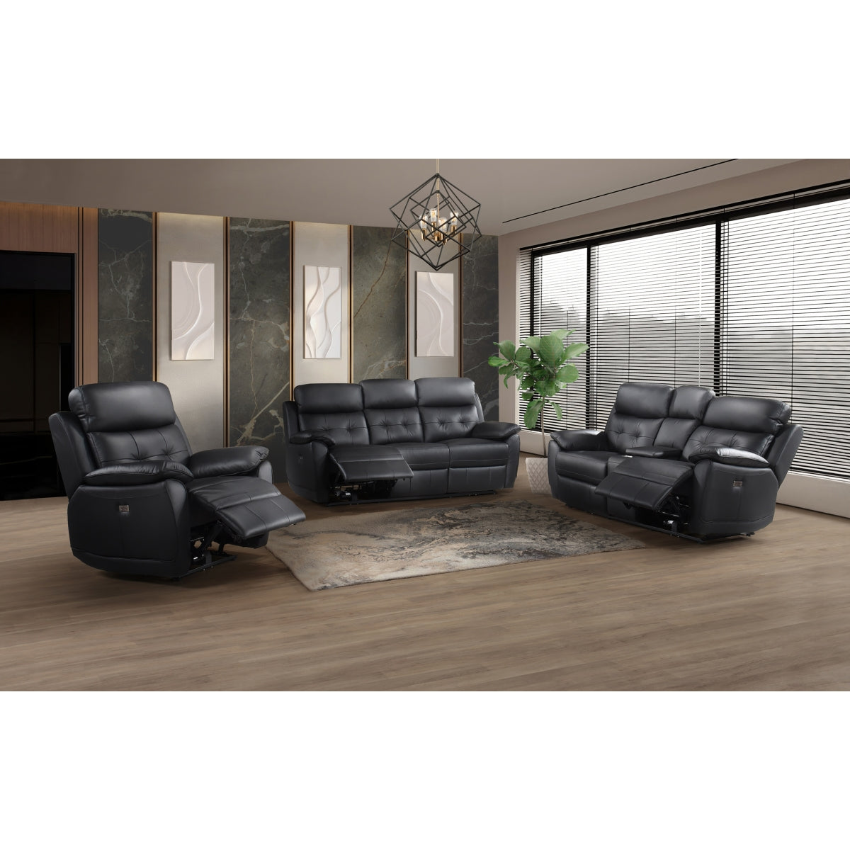 Black Leather Power Reclining Sofa with USB Ports - Modern Electric Recliner for Living Room, Home Theater & Office - Comfortable Leather Sectional Couch with Charging Stations