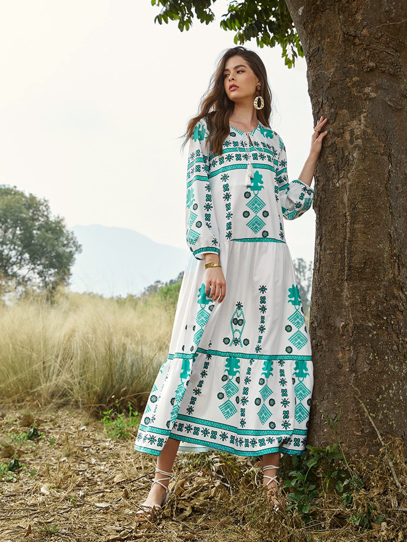 WERTYT Women's Geo Print Tassel Tie Neck Lantern Sleeve Smock Dress - XS Size | Flowy Summer Dress for Beach, Party & Casual Wear