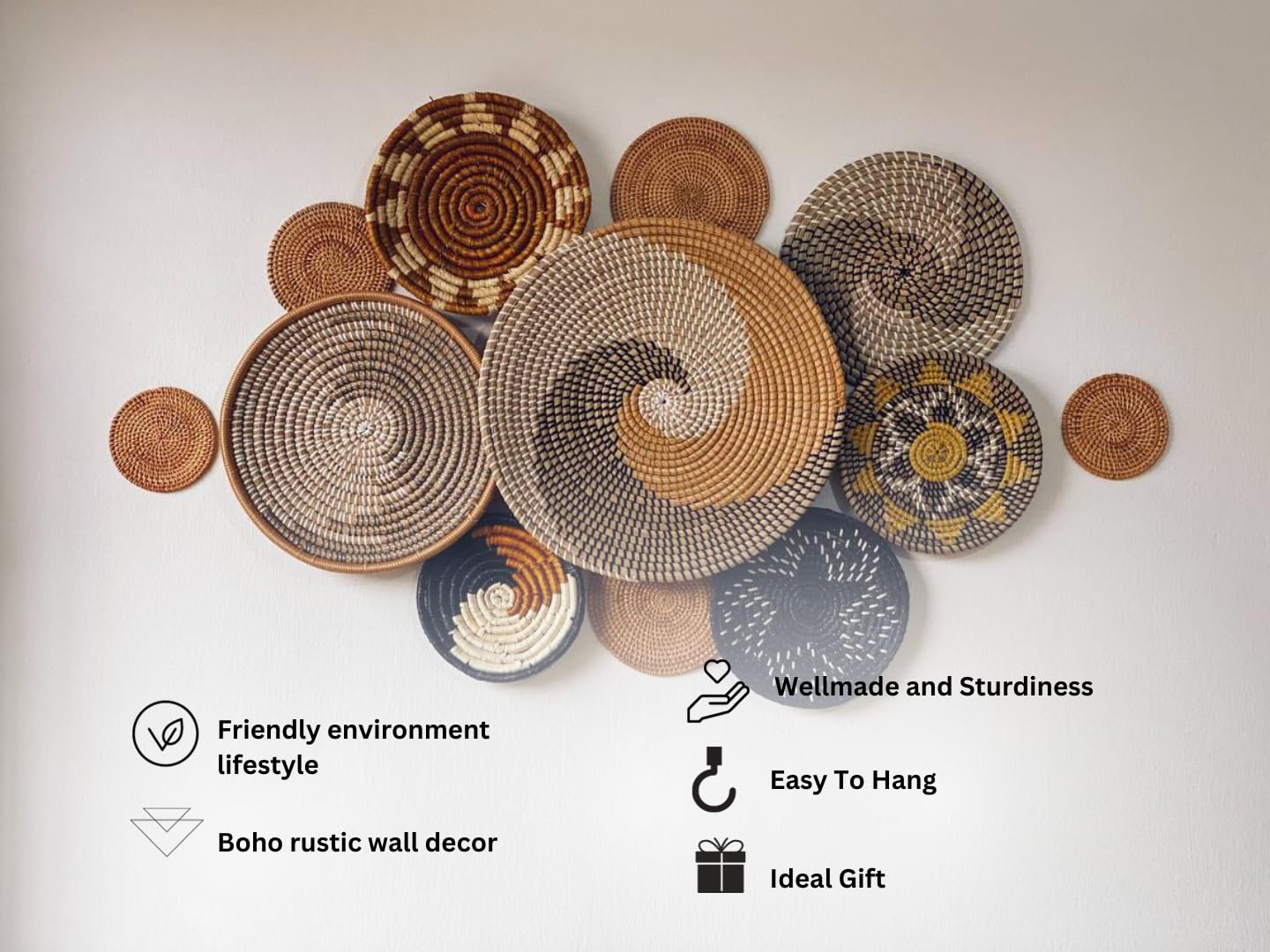 Boho Wall Hanging Basket Set - Handwoven Decorative Wall Baskets for Home Decor, Natural Woven Wall Art, Macrame Basket Collection - Perfect for Living Room, Bedroom, or Boho Chic Home Decor