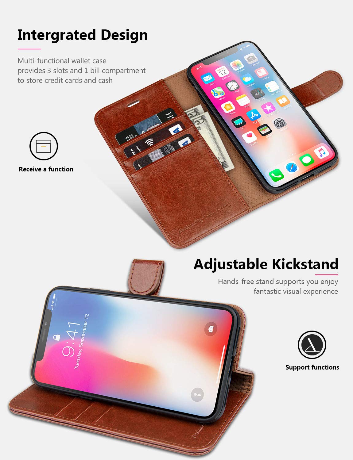 Premium Leather Wallet Case for iPhone X/10 with Wireless Charging, Card Slots & Kickstand - Stylish Flip Cover for Everyday Use (Blue) | Perfect for Work, Travel & Hands-Free Viewing