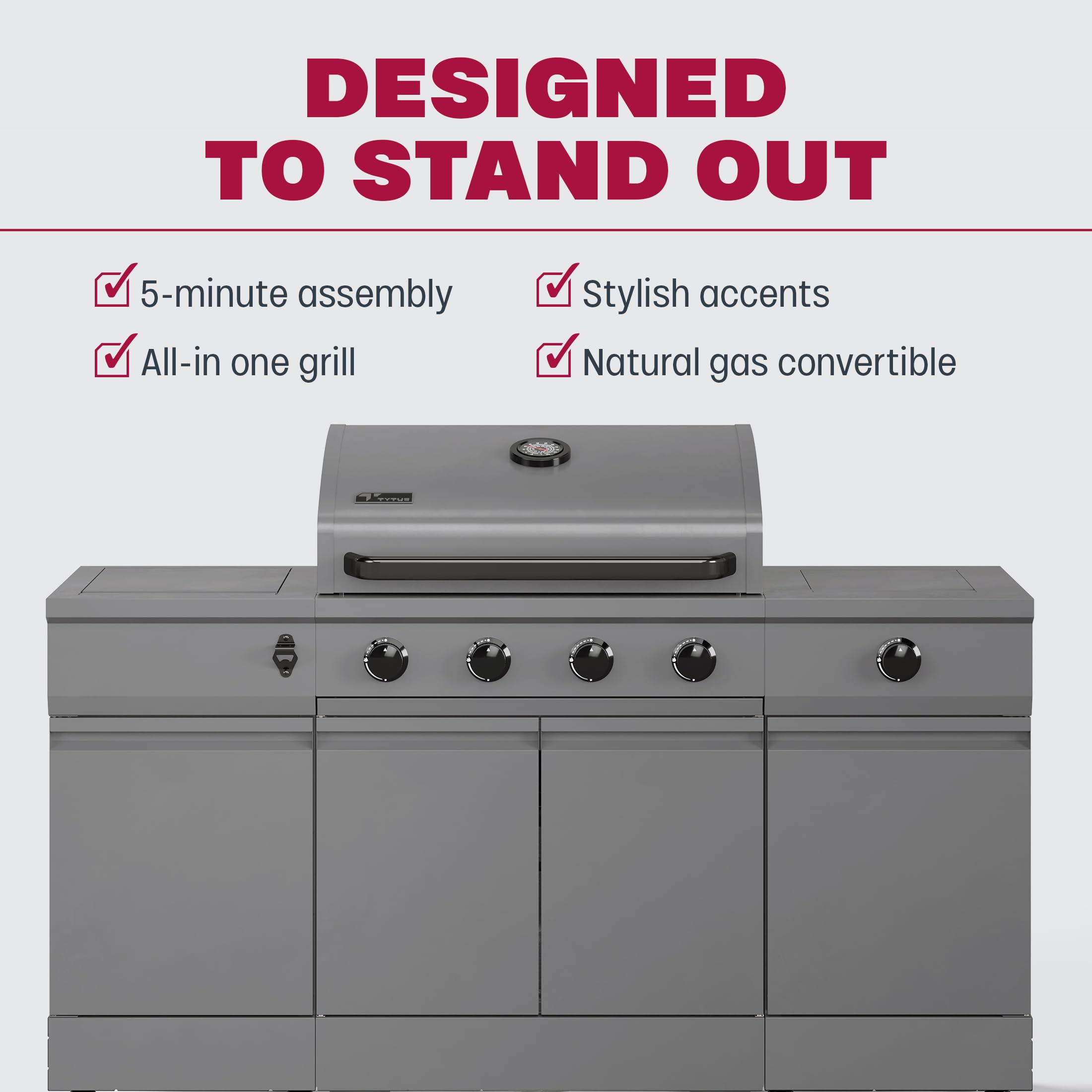 Tytus Fresno 60,000 BTU 5-Burner Propane or Natural Gas Outdoor Island Grill with Storage Cabinets - 864 sq. in. Cooking Area, 48,000 BTU Main Burner & 12,000 BTU Side Burner, Includes Ice Bucket - Perfect for Backyard BBQs, Pool Parties, and Outdoor Entertaining