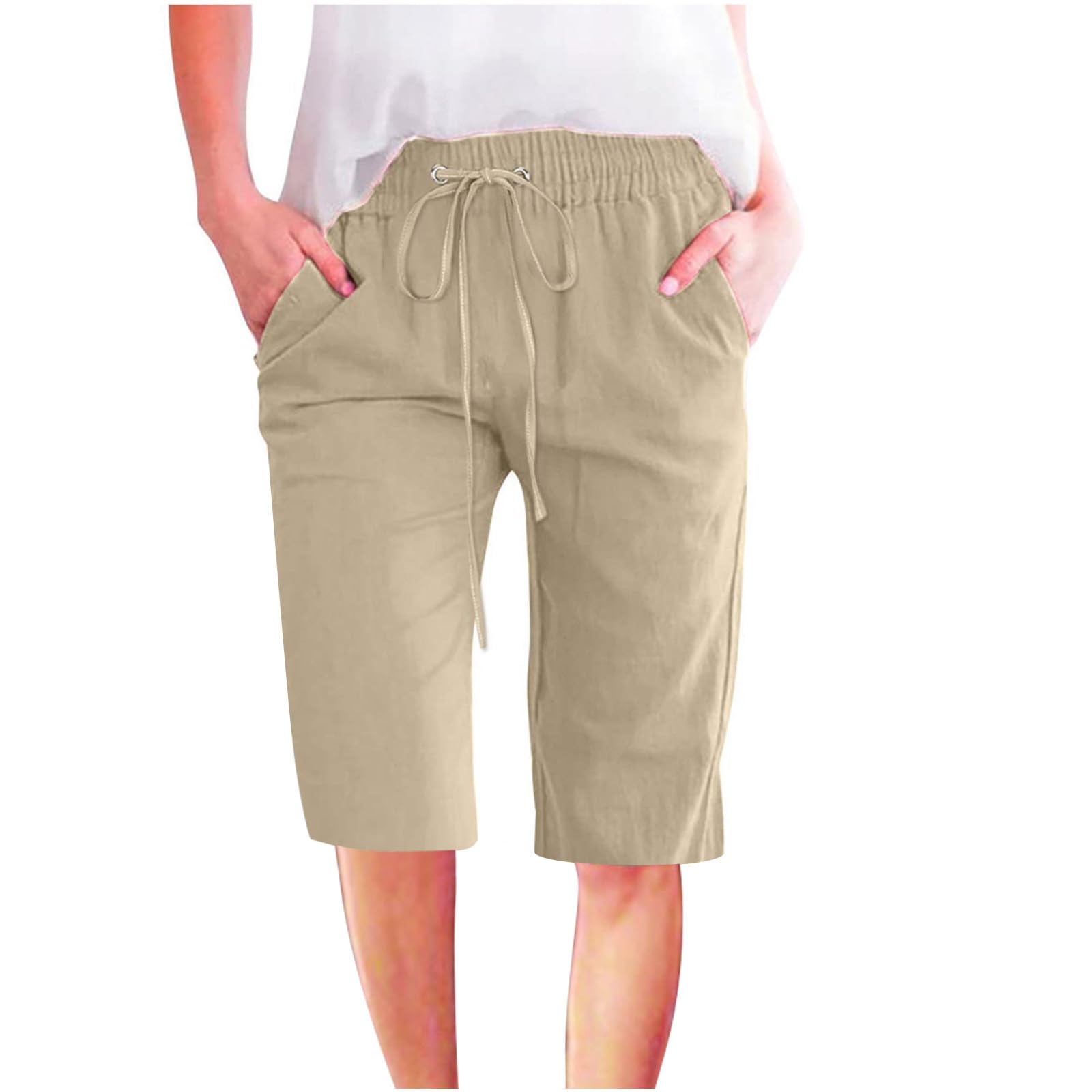 Women's Bermuda Shorts for Summer - Knee Length Drawstring Casual Shorts with Elastic Waist | Resort Wear & Lounge Shorts in Khaki | Perfect for Beach Vacations, Yoga, and Relaxing at Home