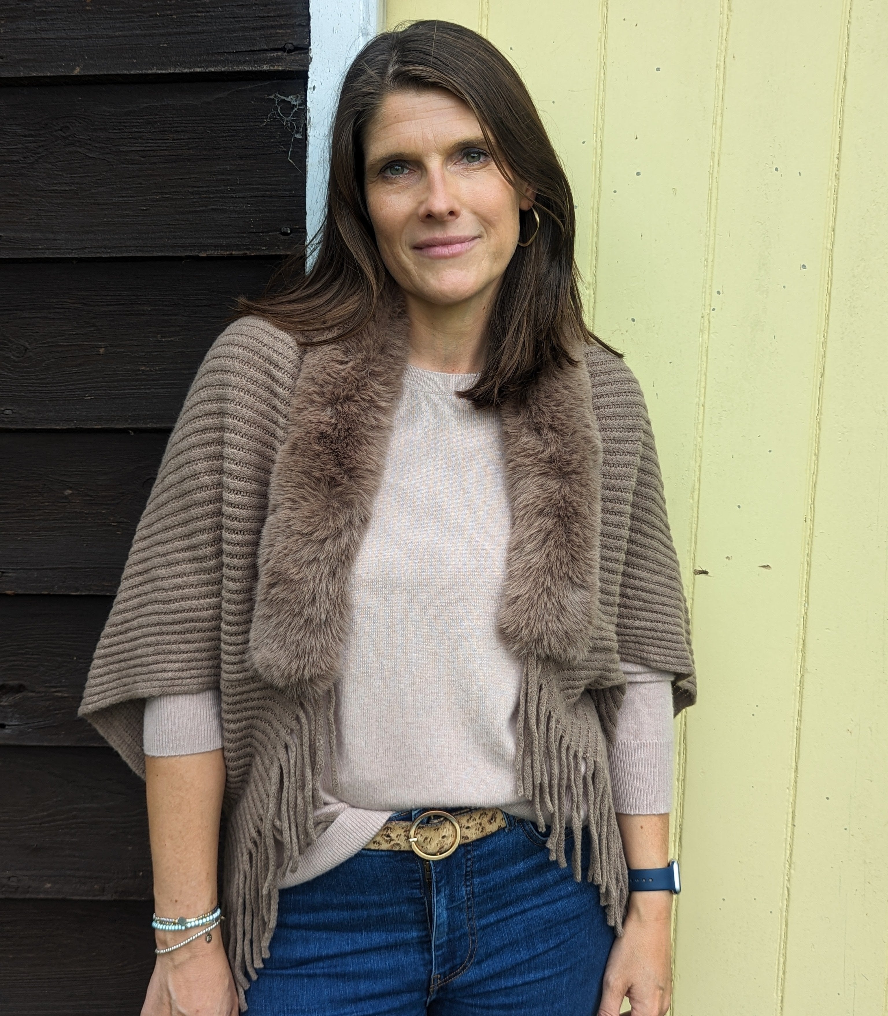 Cozy Knitted Shrug with Faux Fur Collar - Natural Tan Color for Women | Winter Fashion Outerwear for Casual Wear & Evening Outfits