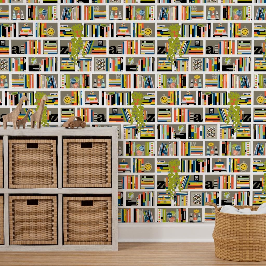 Peel & Stick Removable Wallpaper - 9ft x 2ft Bookshelf Design with Literature Typography & Plant Stripes | Self-Adhesive Wall Decor for Living Room, Bedroom, Office & Study | Easy to Apply & Remove