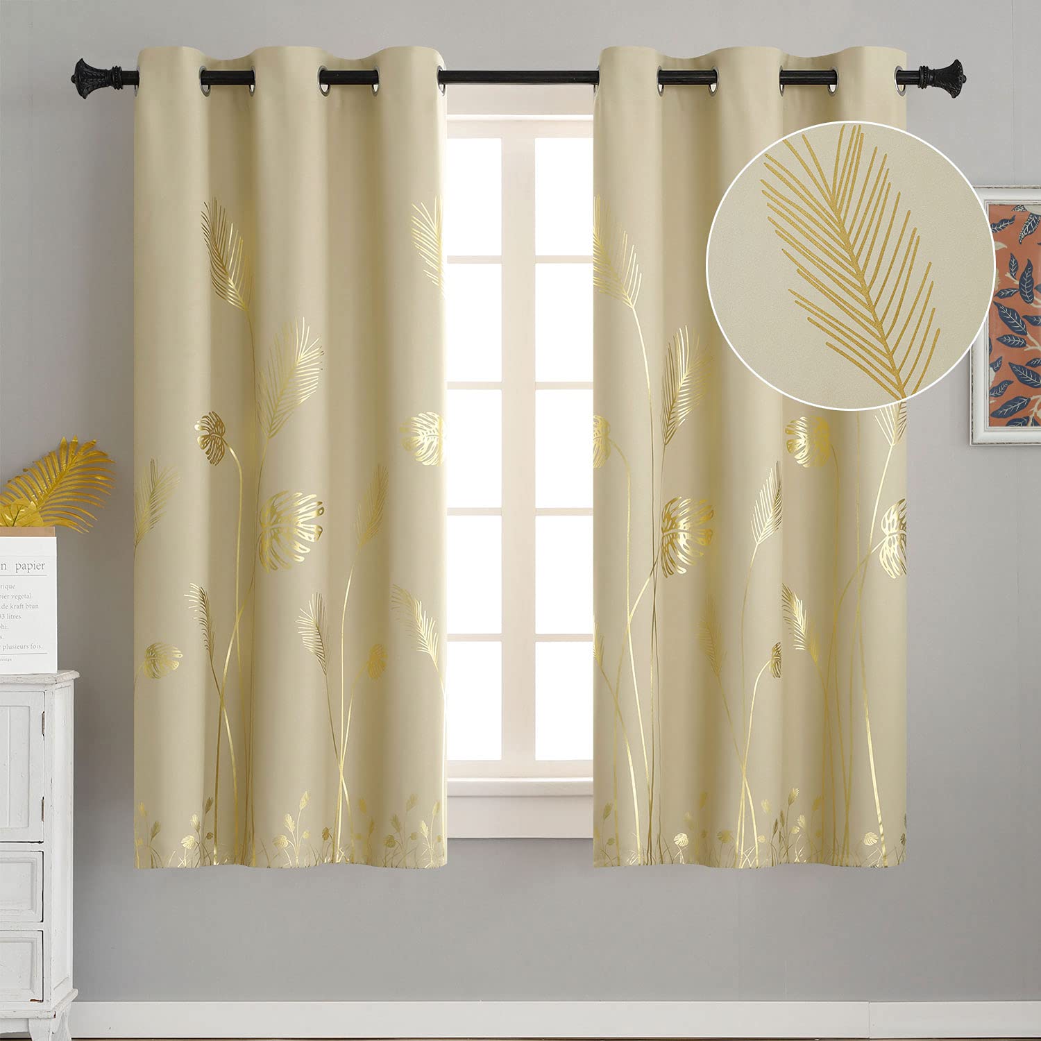 Estelar Textiler Gold Wheat & Leaf Printed Blackout Curtains - Thermal Insulated Light Blocking Drapes for Bedroom (42x63 Inches, Beige, Set of 2) - Perfect for Home Decor, Living Room & Nursery