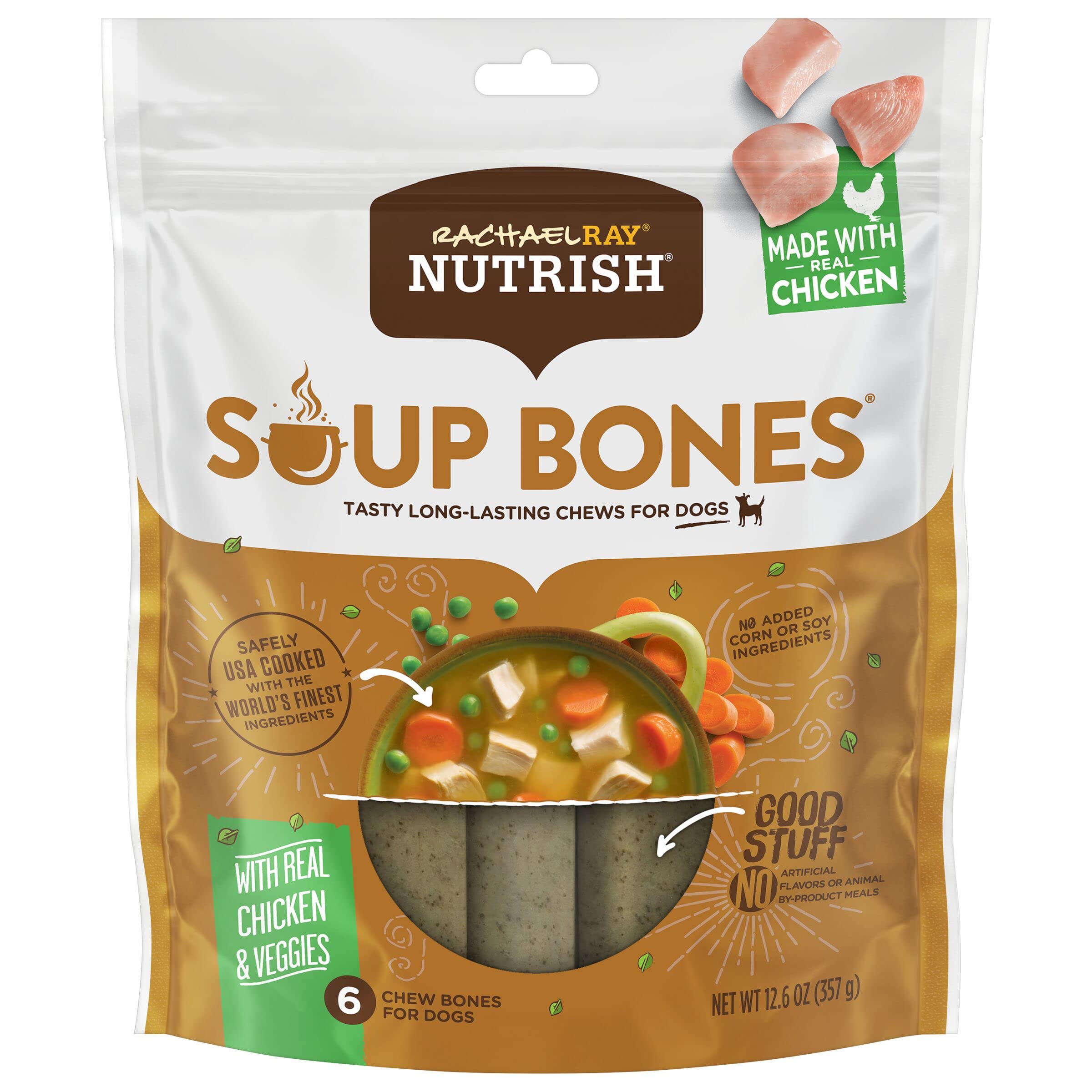 Rachael Ray Nutrish Soup Bones Dog Treats - Chicken & Veggies Flavor, 6 Count | Natural & Healthy Dog Chews for Small & Large Breeds | Perfect for Training, Rewards & Dental Health