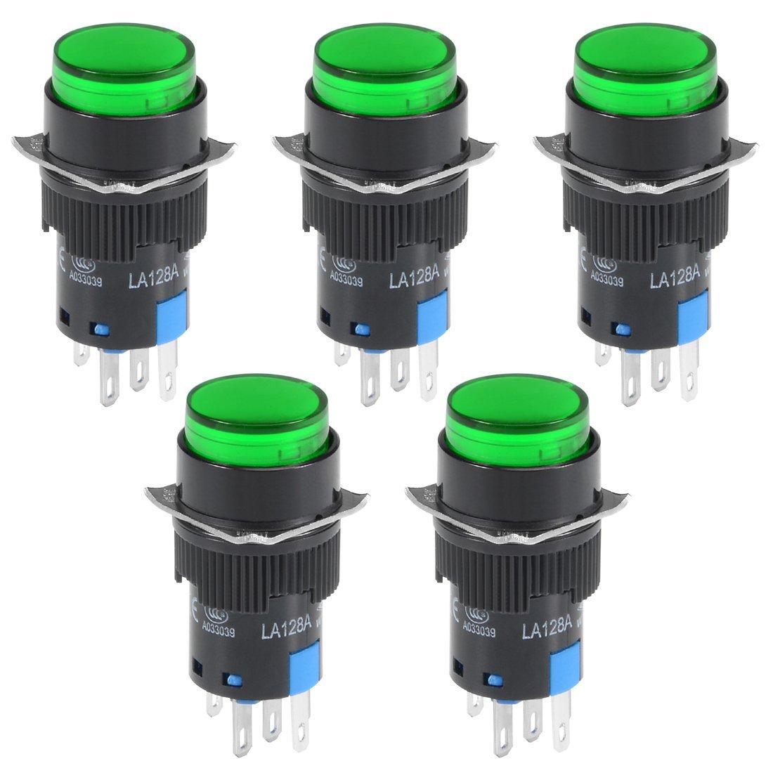 uxcell 5 Pcs 16mm Momentary Push Button Switch with Green LED Light - 1 NO 1 NC Contact, 24V - Perfect for Control Panels, Industrial Equipment & DIY Electronics Projects