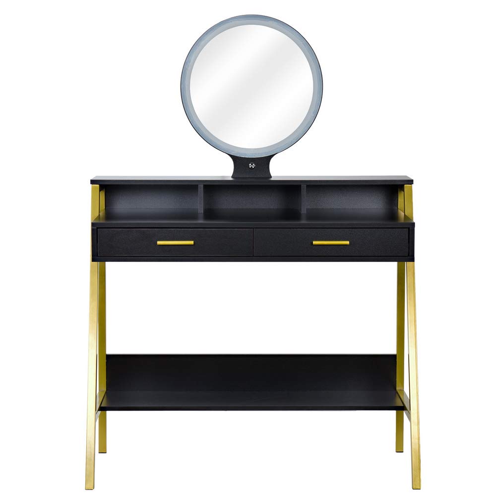 3-Color Touch Round Vanity Mirror with Shelf & Steel Frame - White Dressing Table Set with LED Light, 2 Large Drawers & Storage Shelves - Perfect for Makeup, Skincare & Bedroom Decor (Black)