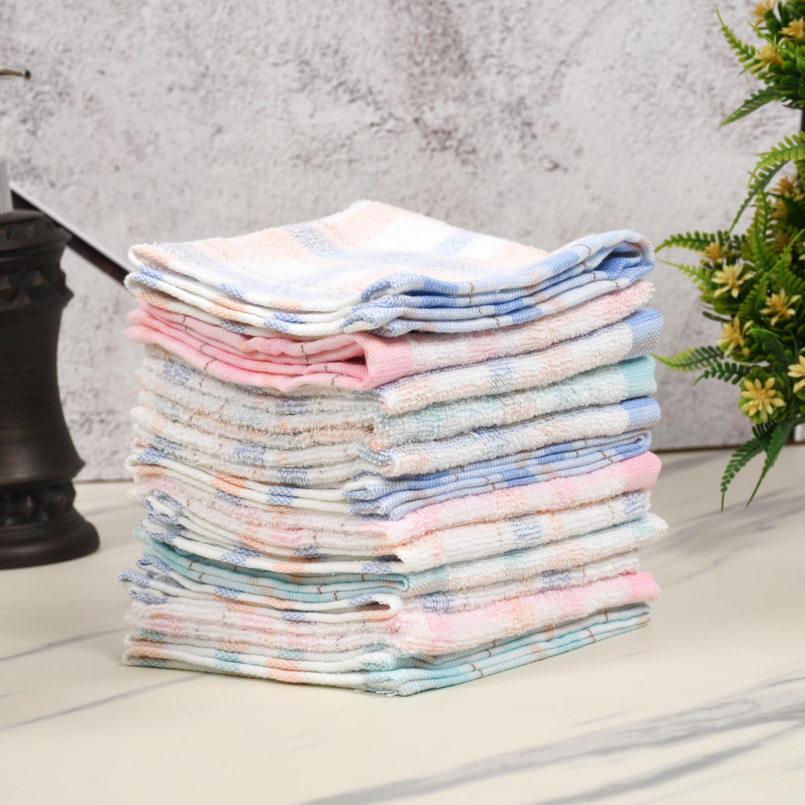 GRGRASP 10x10 Inch Terry Cotton Check Design Gentle Face Cleansing Towel - Pack of 12, Perfect for Daily Skincare and Makeup Removal