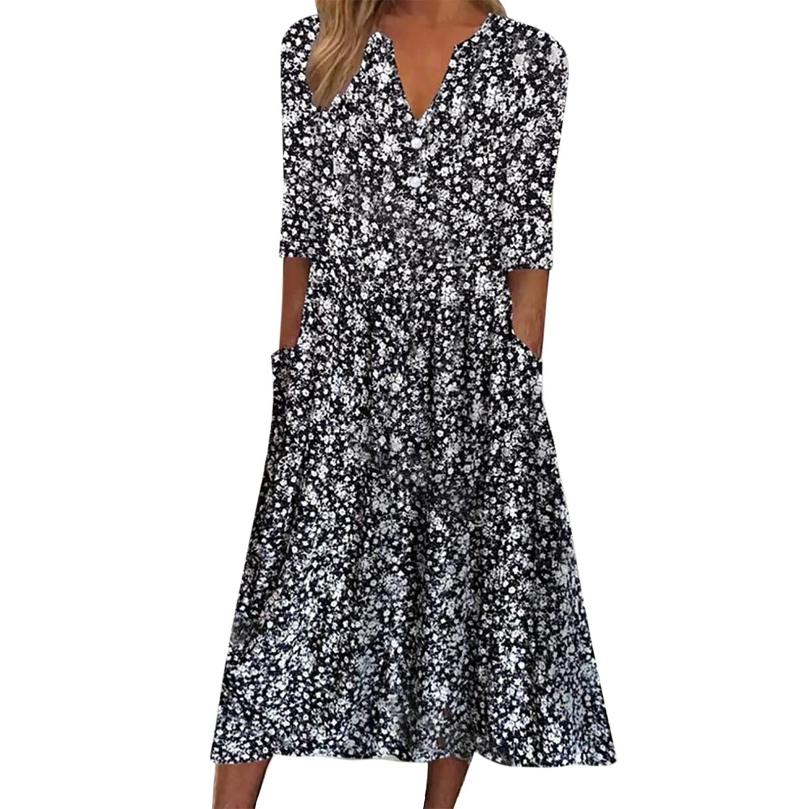 Women's Casual Summer Striped V-Neck Short Sleeve Sundress with Pockets - Floral Midi Dress for Beach, Vacation & Holiday Wear