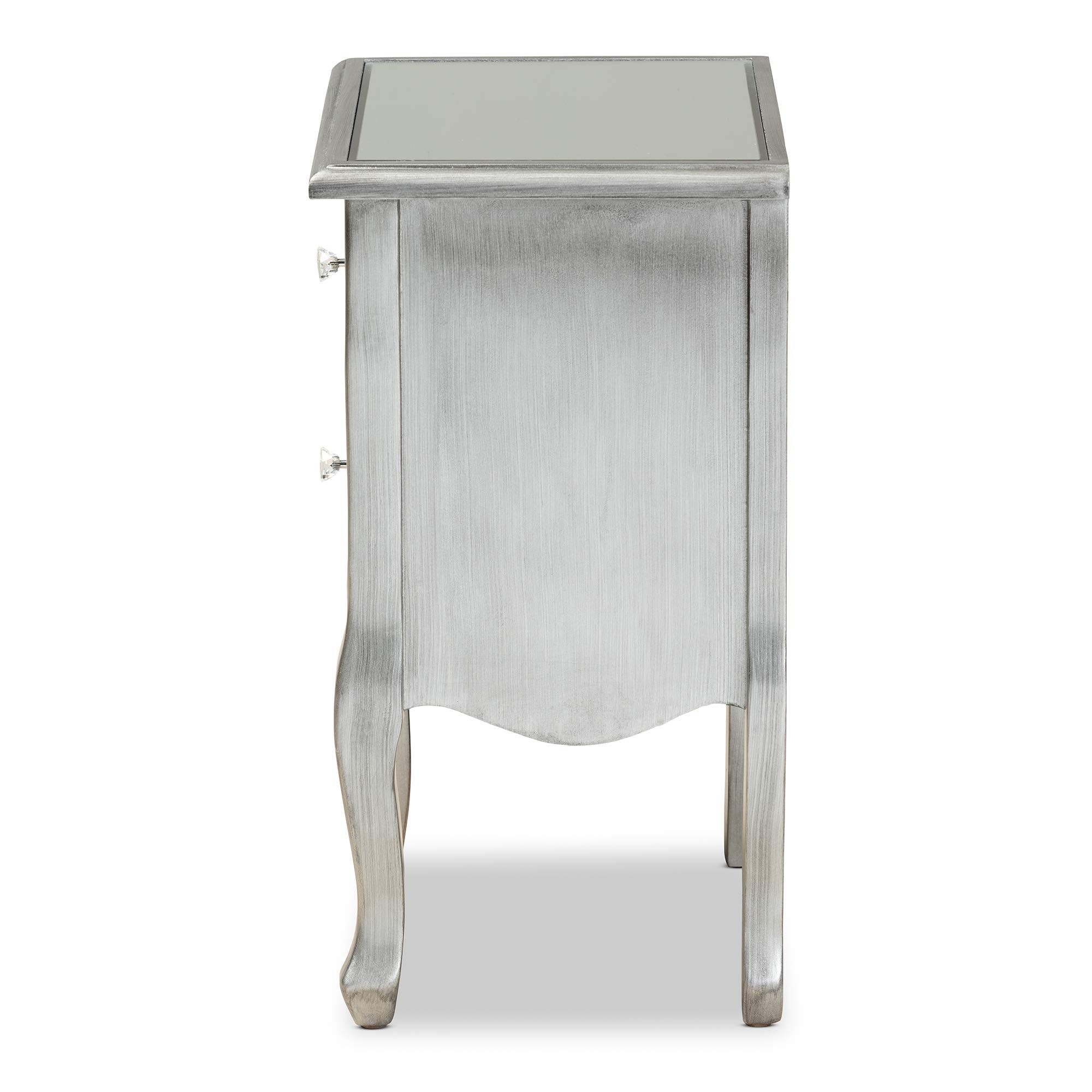 Baxton Studio Modern Nightstand with Silver Finish and Mirror - Stylish Bedside Table for Bedroom Decor & Storage