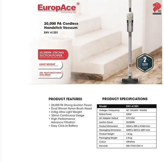 EuropAce EHV A1201 Cordless Handheld Vacuum Cleaner - 20,000PA Strong Suction, Lightweight & Portable for Car, Home, Pet Hair Cleaning | Quick Cleanup for Cars, Sofas, Stairs & Hard-to-Reach Areas