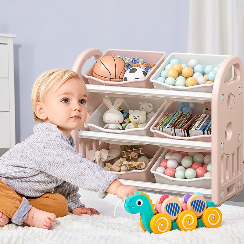 Pink Toy Storage Organizer with 6 Bins - Kids Bookshelf & Playroom Cabinet - Multifunctional Living Room Storage Solution for Toys, Books & Home Organization