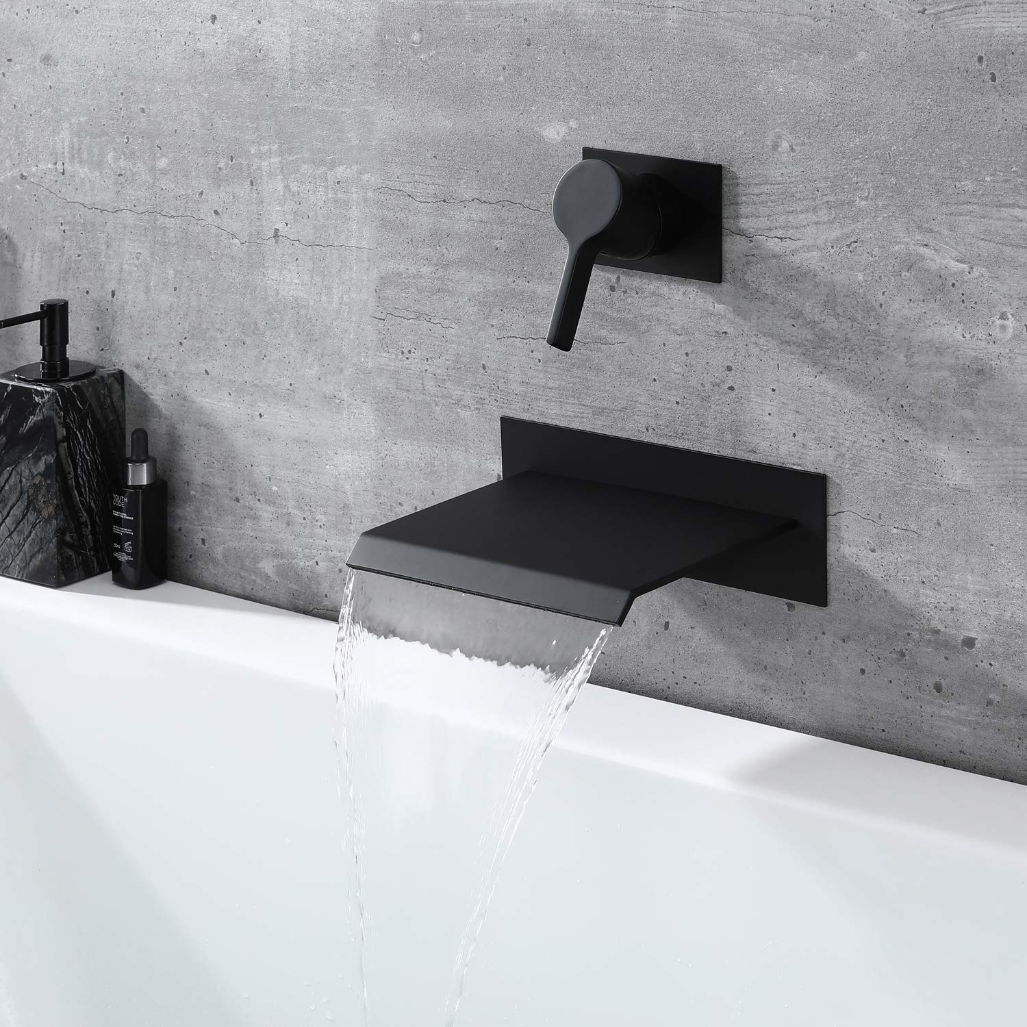 Black Wall Mount Bathtub Faucet with Waterfall Spout - Single Handle High Flow Rough-in Valve - Perfect for Modern Bathroom & Spa Retreats