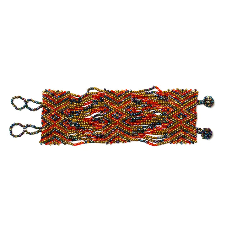 Red Aztec Wide Beaded Wrap Cuff Bracelet - Handmade Boho Tribal Jewelry for Women - Perfect for Festivals, Parties & Everyday Wear