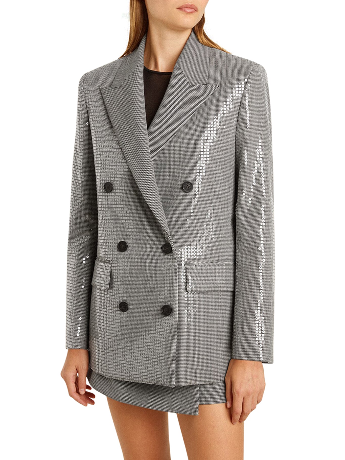 Double Breasted Jacket in Micro Pied de Poule with Sequins - Elegant Women's Blazer for Office, Party & Special Occasions