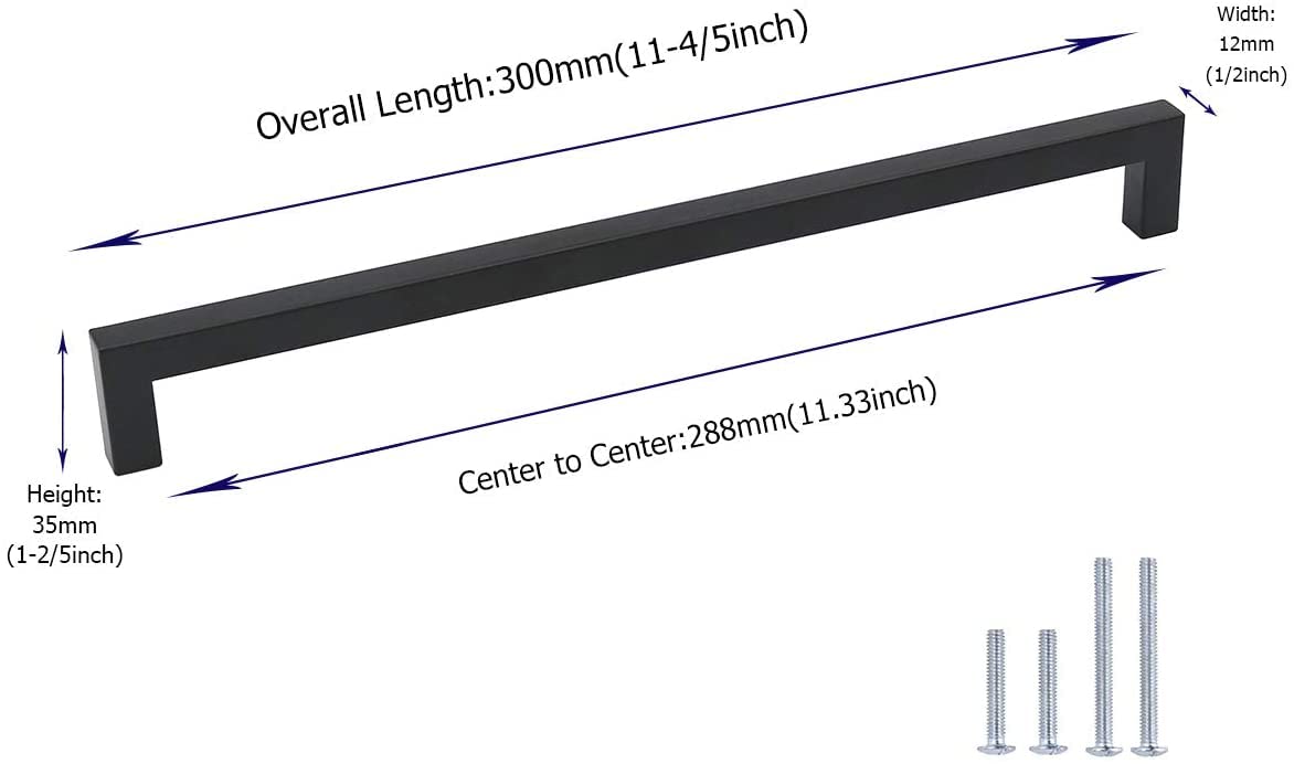 Homdiy 10-Pack Black Square Cabinet Pulls - 11-1/3 Inch Hole Center, Stainless Steel Modern Kitchen & Bathroom Drawer Handles for Cabinets, Dressers, and Furniture (Perfect for Home Renovation & DIY Projects)