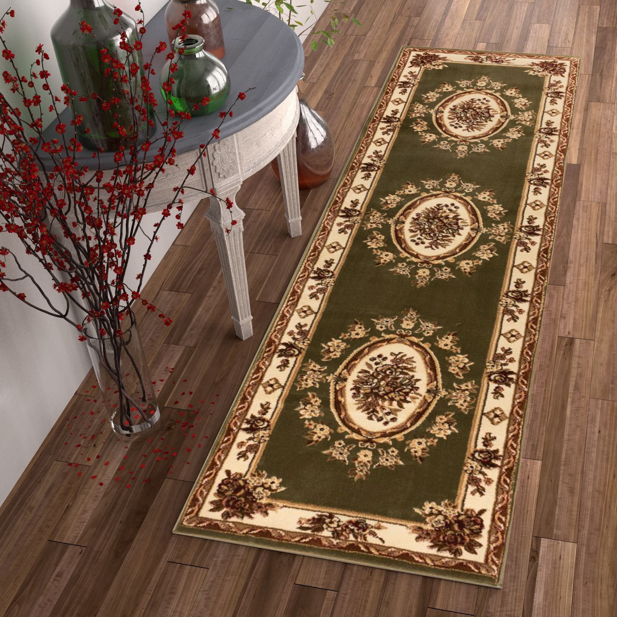Well Woven Timeless Collection Le Petit Palais Green 3x12 Runner - Luxurious Traditional French Medallion Oriental Area Rug - Easy to Clean & Durable - Perfect for Living Room, Bedroom, Dining Room, Hallway & Entryway Decor
